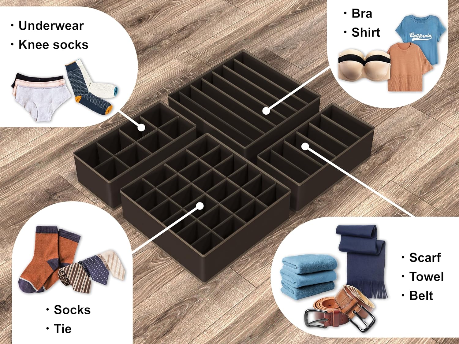 Simple Houseware 4-Pack Drawer Organizer Set for Underwear/Socks/Bra, Gray | Closet Dividers for Underwear, Socks, Bras, Scarves, Ties - Foldable Non-Woven Storage Boxes