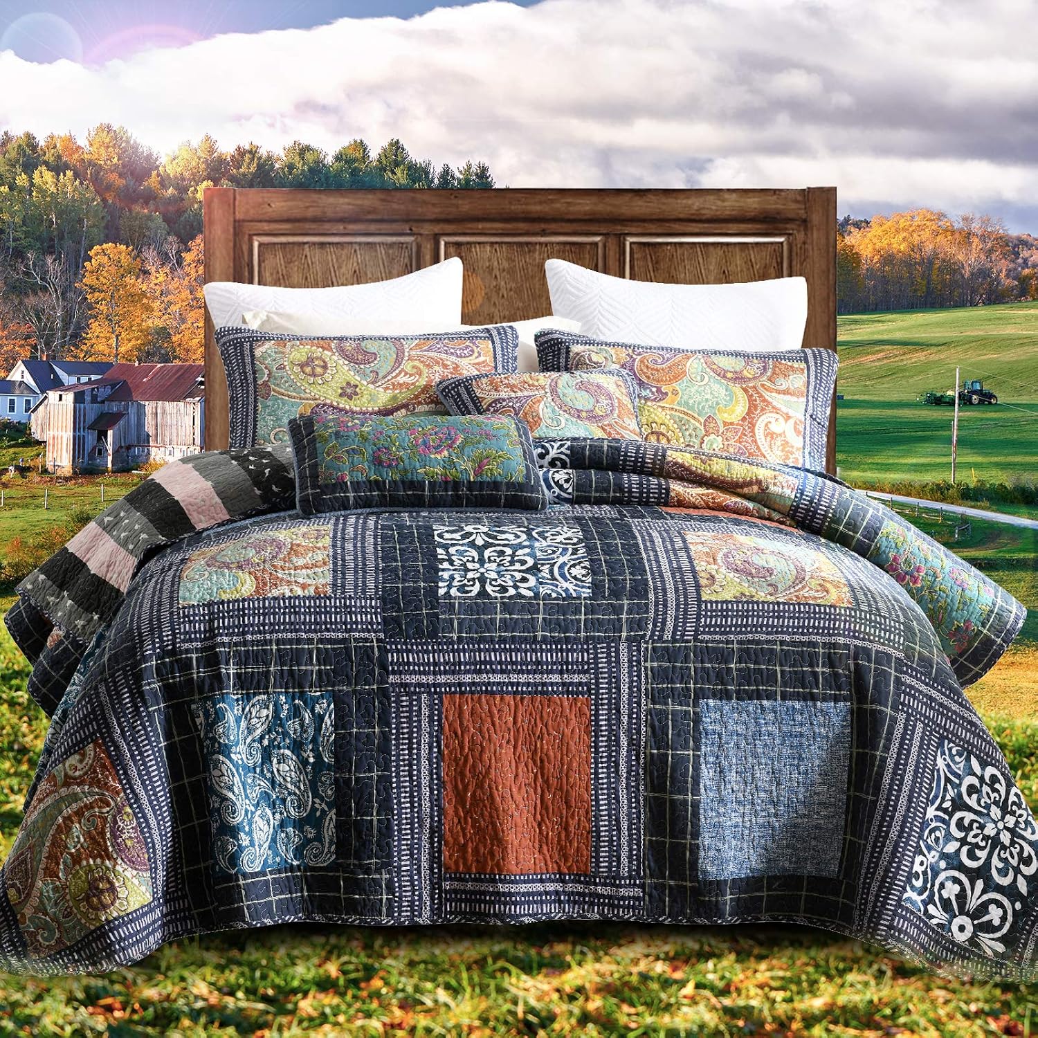 Striped Classical Cotton 3-Piece Patchwork Bedspread Quilt Sets, King Size