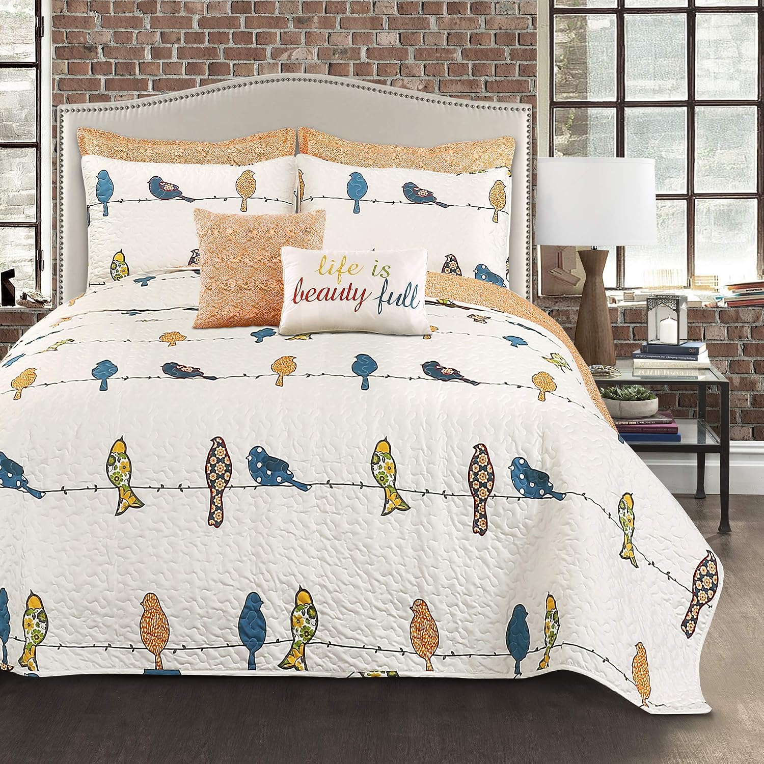 Lush Decor Rowley Birds Quilt Set, 7 Piece Set, Full/ Queen, Multi - Reversible Bird Bedding Set With Pillow Cases & Throw Pillows - Colorful