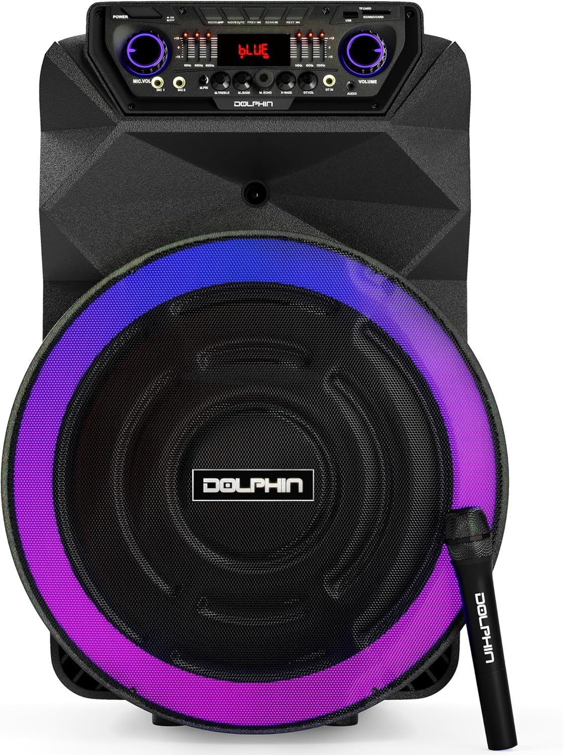 Dolphin Bluetooth Party Speaker with Wireless Microphone, 18" Woofer | 4500W Output, LED Lights, USB, SD, AUX & Guitar Inputs, 12V Input