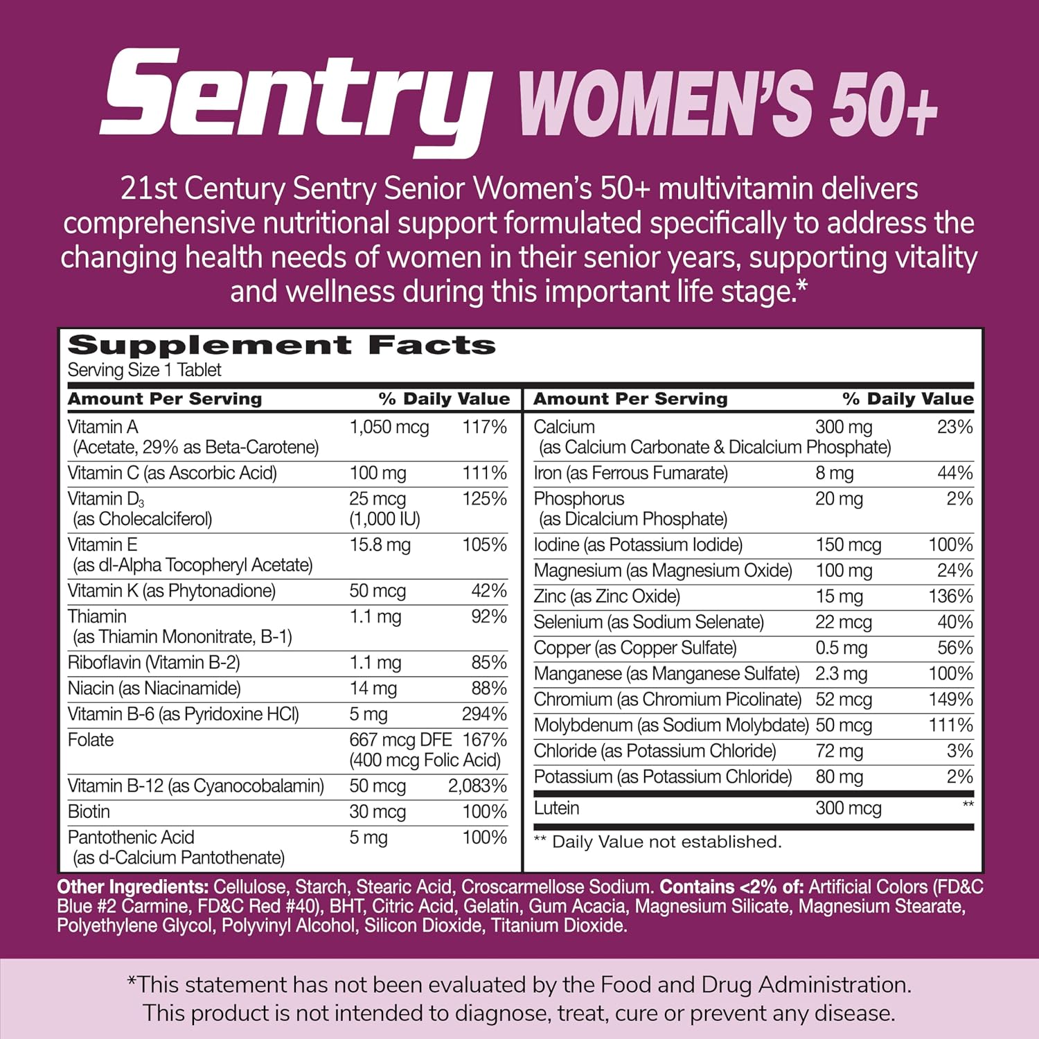 21st Century Sentry Senior Women 50+ Multivitamin, 100 Tablets | Complete Multivitamin & Multimineral, Compare VS. Centrum® SILVER Women 50+, Women 50 Plus, Full-Spectrum Nutrients for Heart