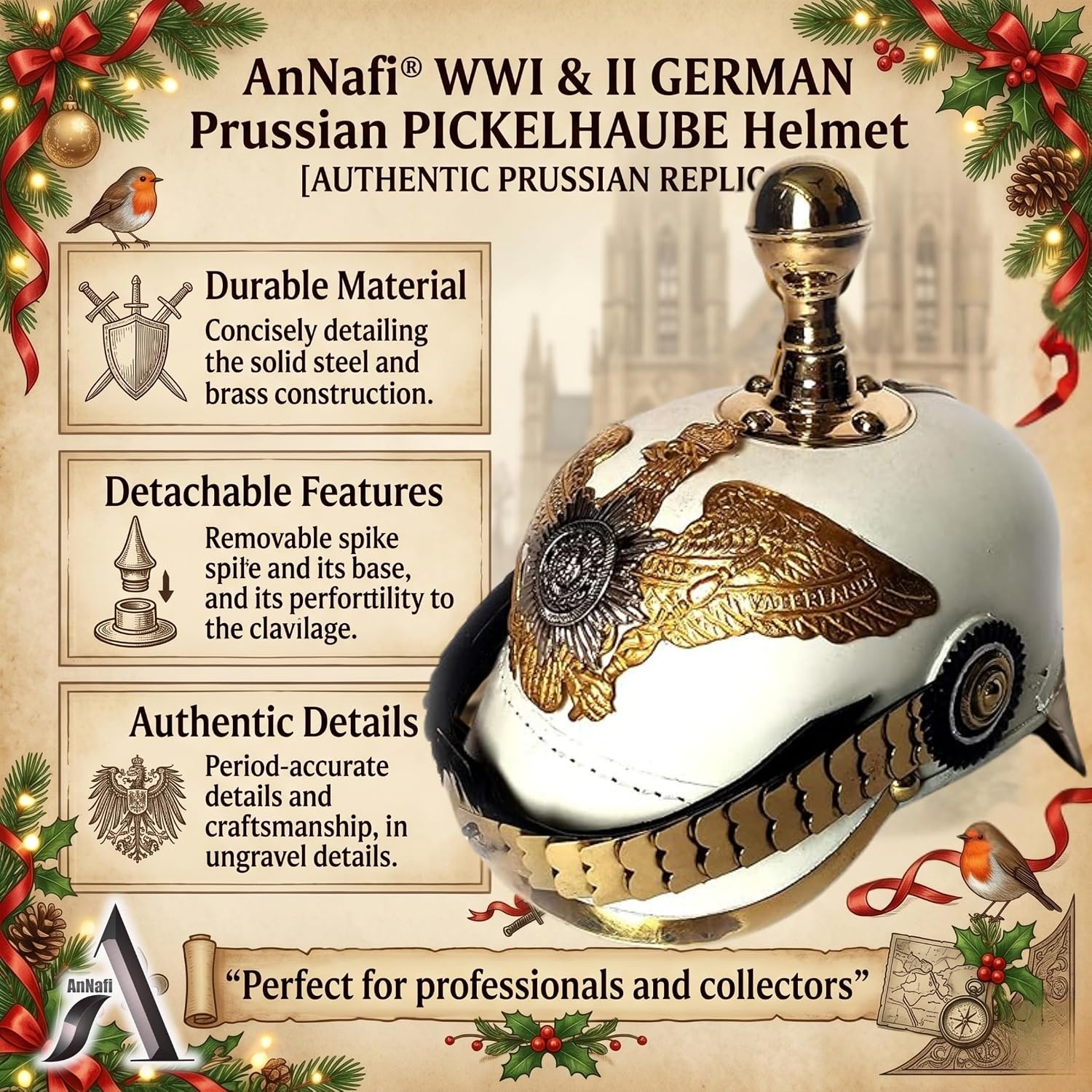 AnNafi® White German Pickelhaube Helmet | Leather Pickelhauben Imperial Prussian Helmets | Brass Military Officer Round Top Men’s Costume | WWI &