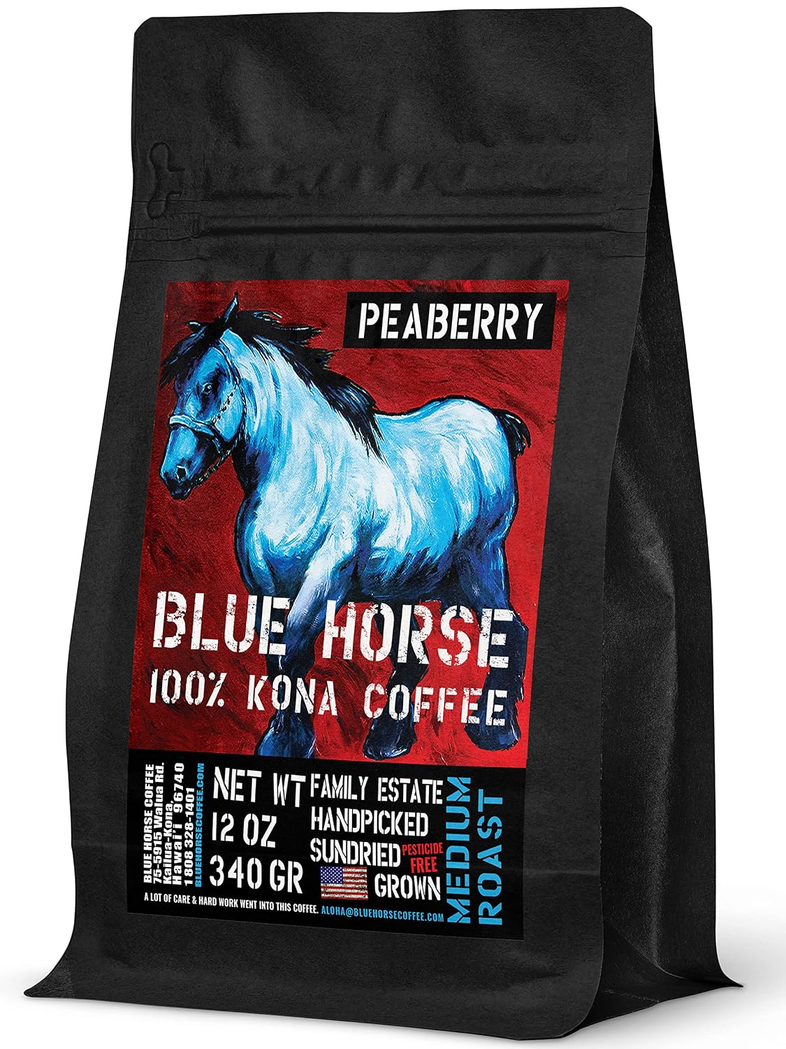 Blue Horse 100% Kona Coffee Whole Bean - 16 oz Medium Roast, Farm Fresh | Certified Organic, Arabica Whole Beans,, Grown In Hawaii USA, Shade Grown, Handpicked, Vacuum Sealed Bag, Caffeinated, Vegan