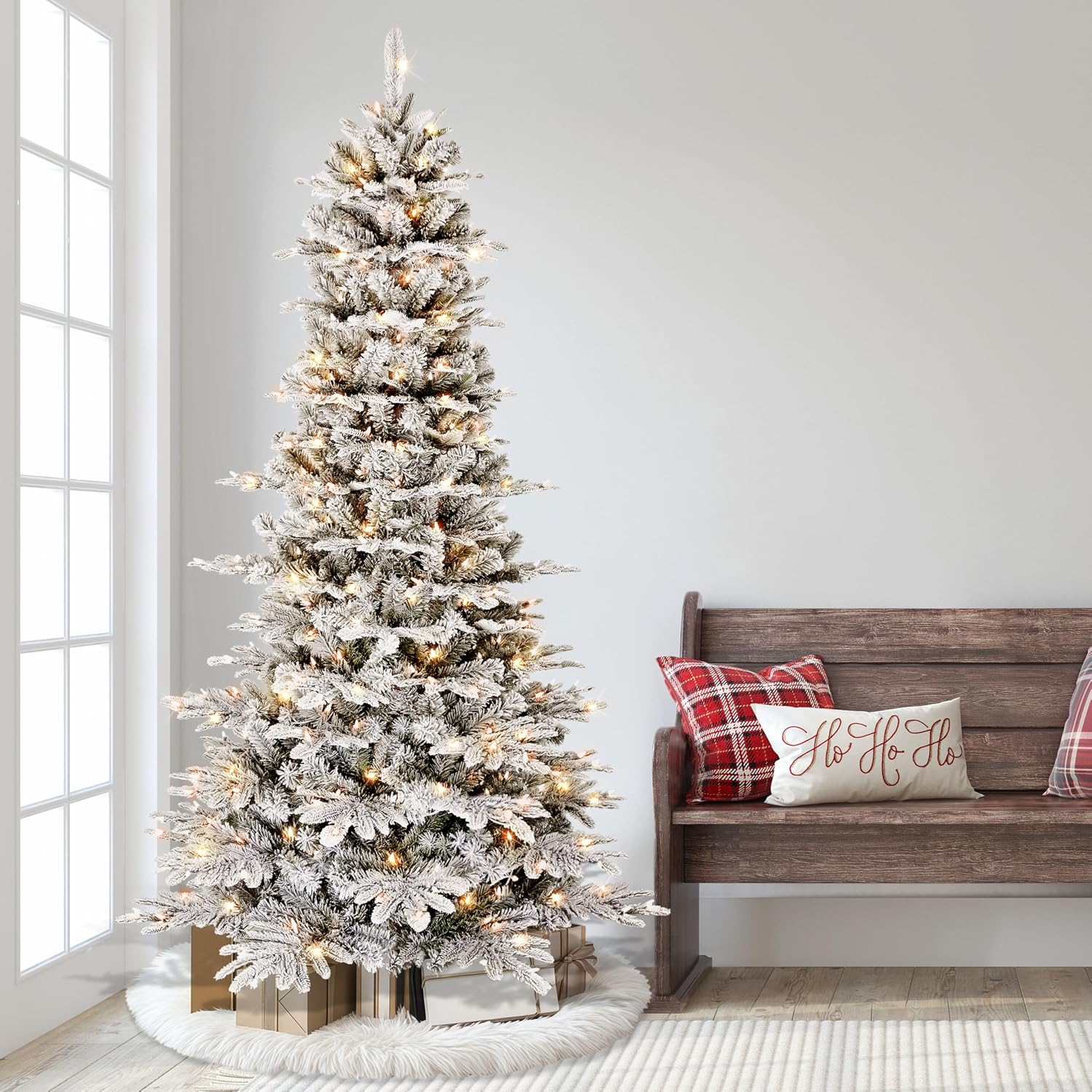 Puleo International 7.5ft Pre-Lit Slim Flocked Aspen Fir Christmas Tree with 450 Clear Lights, 1016 Realistic Dense Snow Flocked Branch Tips, Easy Setup Artificial Trees with Sturdy Metal Stand