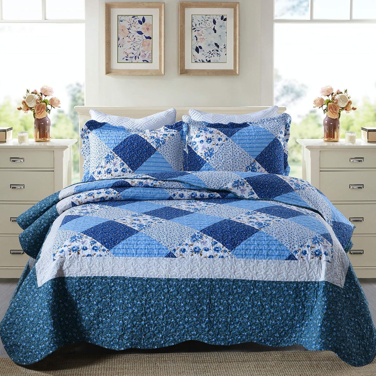 Travan Queen Quilt Set 3-Piece Bedspread Quilted Oversized Lightweight Microfiber Coverlet Set with Shams Violet Purple Floral Pattern Quilted