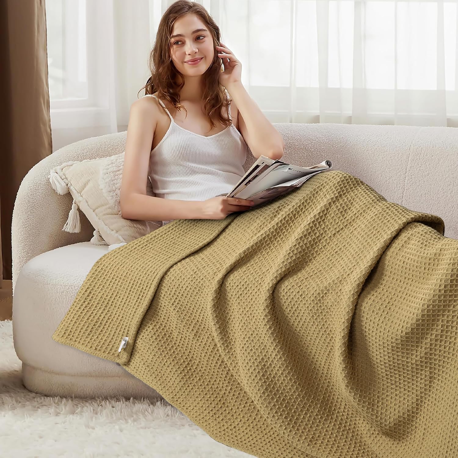 Tex Trend 100% Cotton Waffle Weave Blanket Queen Size - Soft, Breathable Cooling Blanket for Bed, Lightweight Cozy Summer & Spring Bedding, Grey, 90x90
