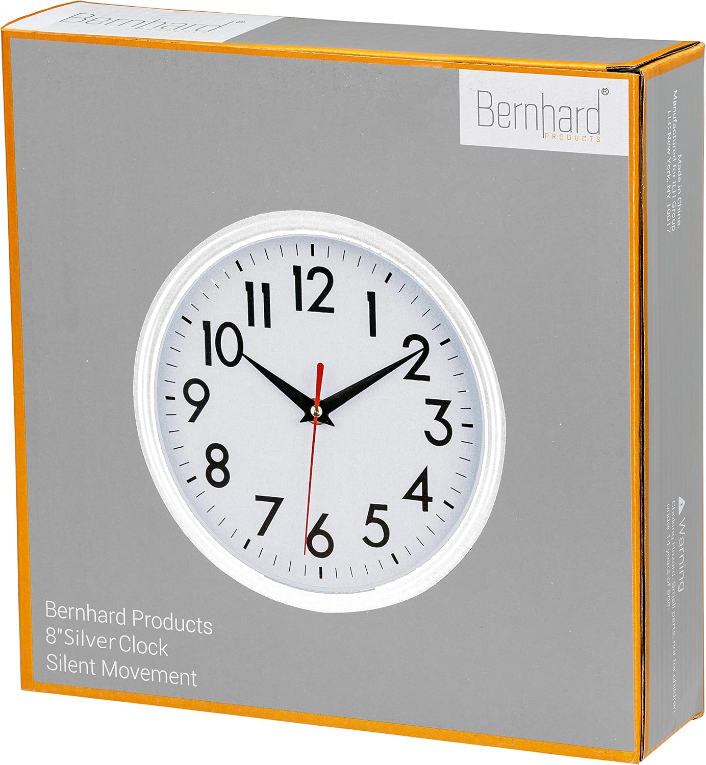 Bernhard Products Silver Wall Clock 8" Silent Non-Ticking Quality Quartz Battery Operated Clock for Home Kitchen Bedroom Bathroom Classroom Nursery