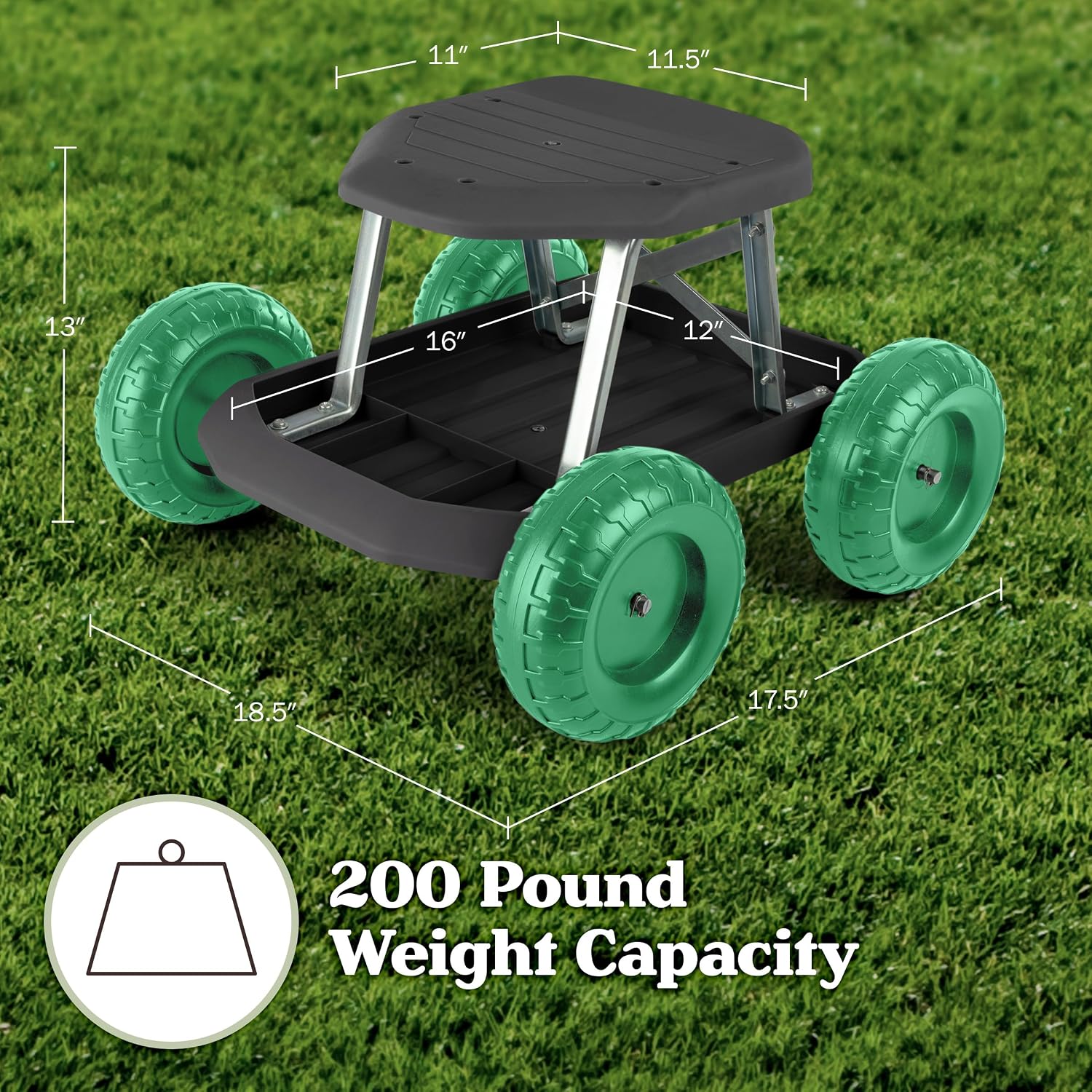 Pure Garden Rolling Garden Seat with Wheels and Tool Tray, Black/Green | Gardening Stool Garden Cart Scooter with Storage for Yard Tools