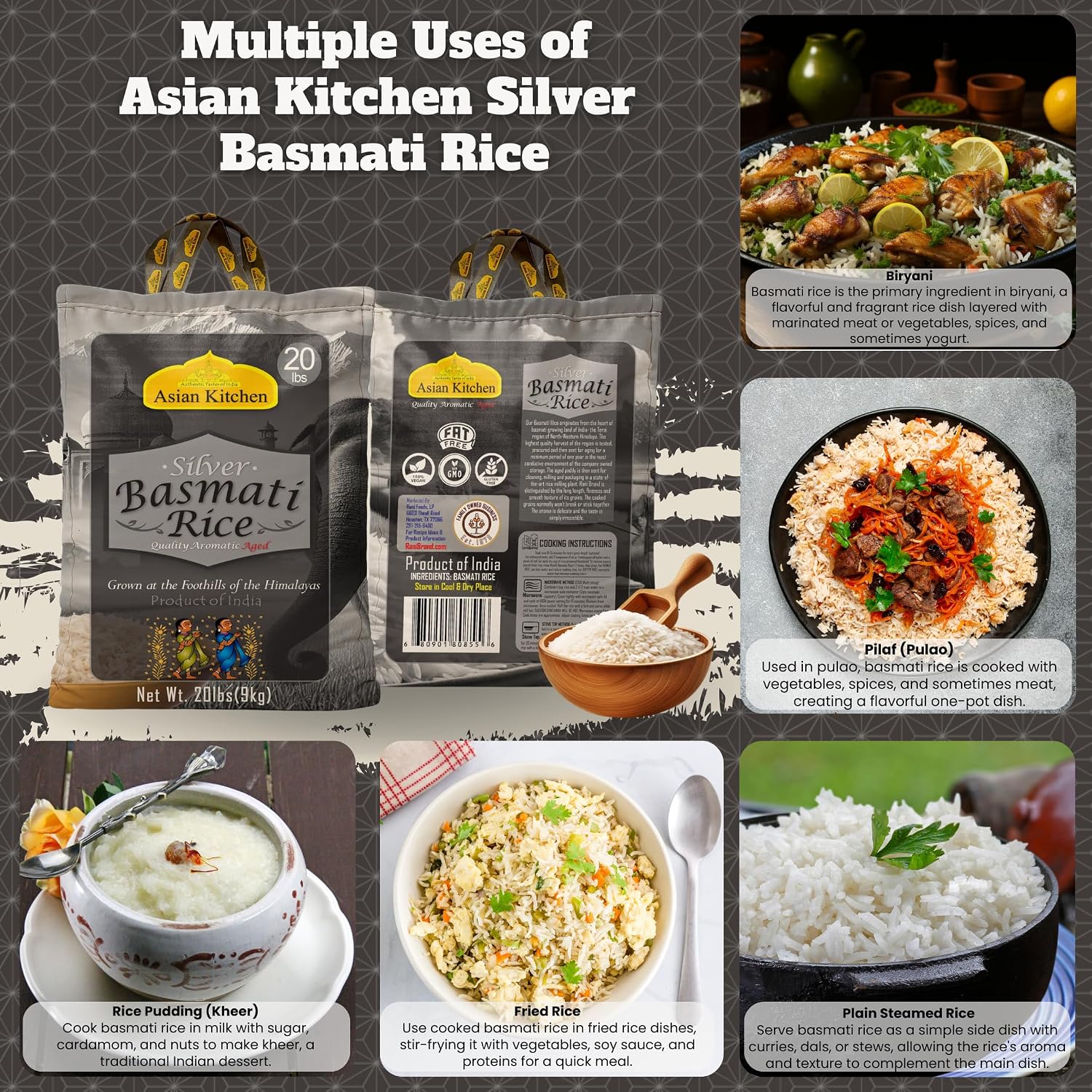 Asian Kitchen Platinum White Basmati Rice Extra Long Aged 20lbs (9.08kg) ~ All Natural | Gluten Friendly | Vegan | Indian Origin | Export Quality