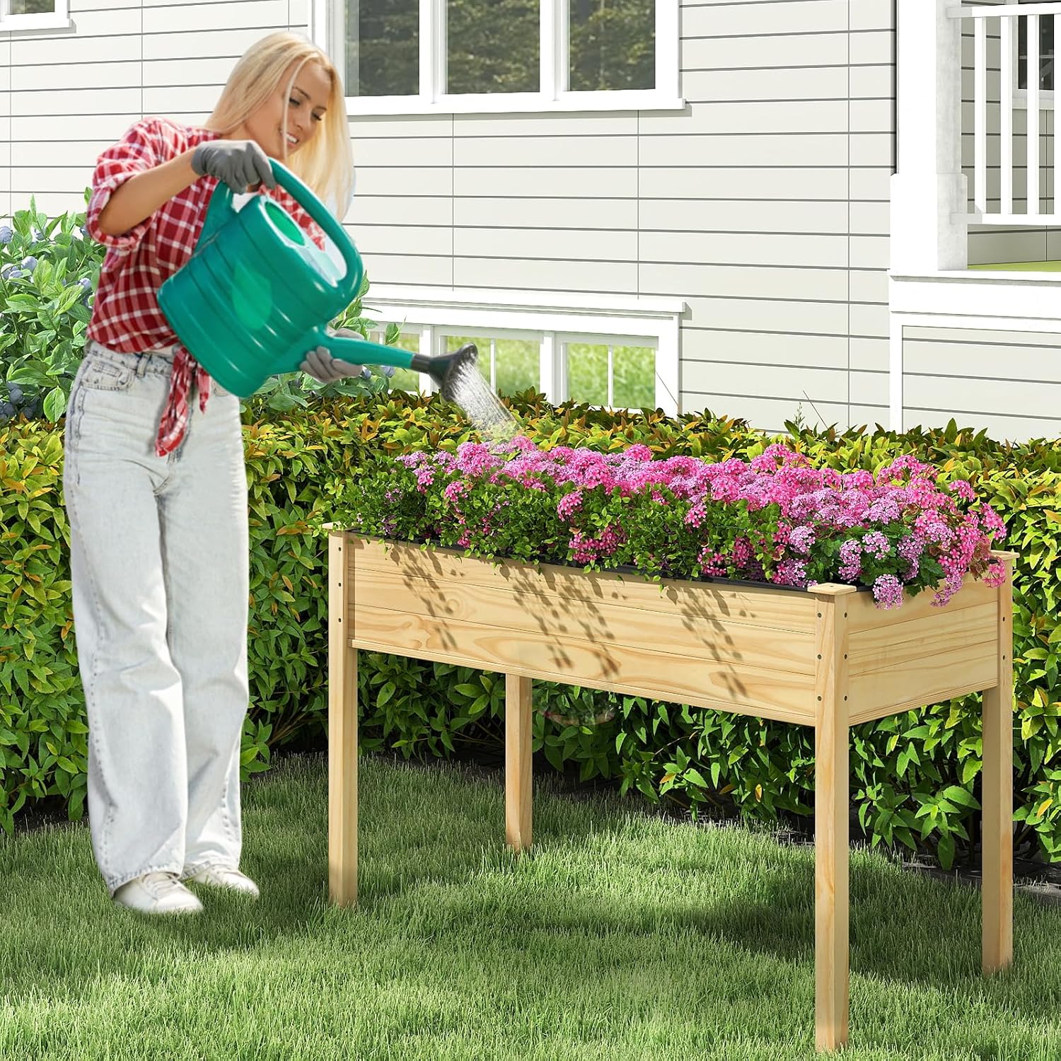 GIANTEX Raised Garden Bed on Wheels, Wood Planter Box with Legs, Liner, Drain Holes, Elevated Garden Bed for Vegetables