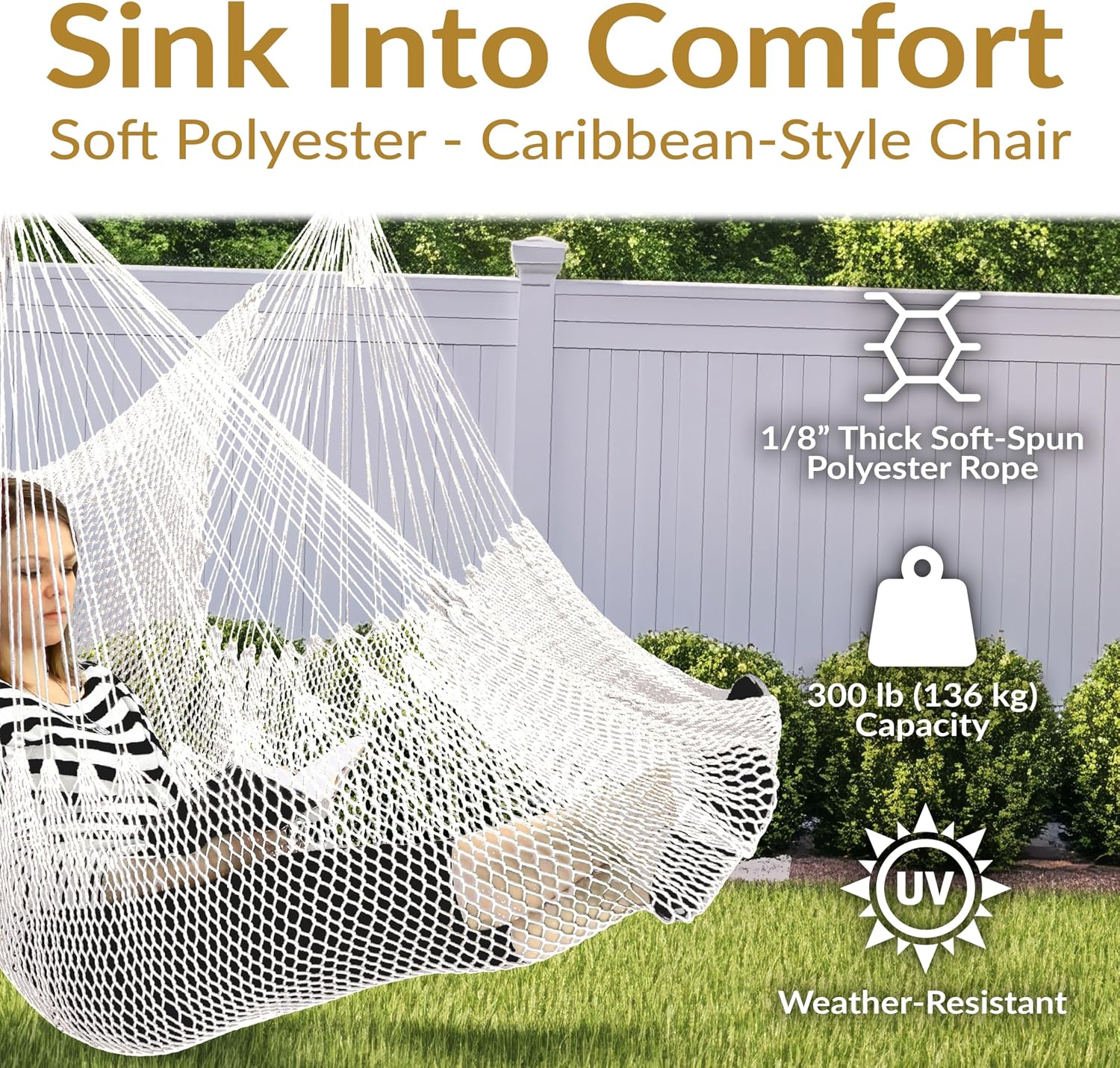 Sunnydaze Hanging Hammock Chair Swing for Patio, Caribbean, Tan | 300 lb Capacity, Wooden Spreader Bar, Woven Polyester, Hang From a Tree, Hammock Chair Stand, or Ceiling, Hammock Swing Chair