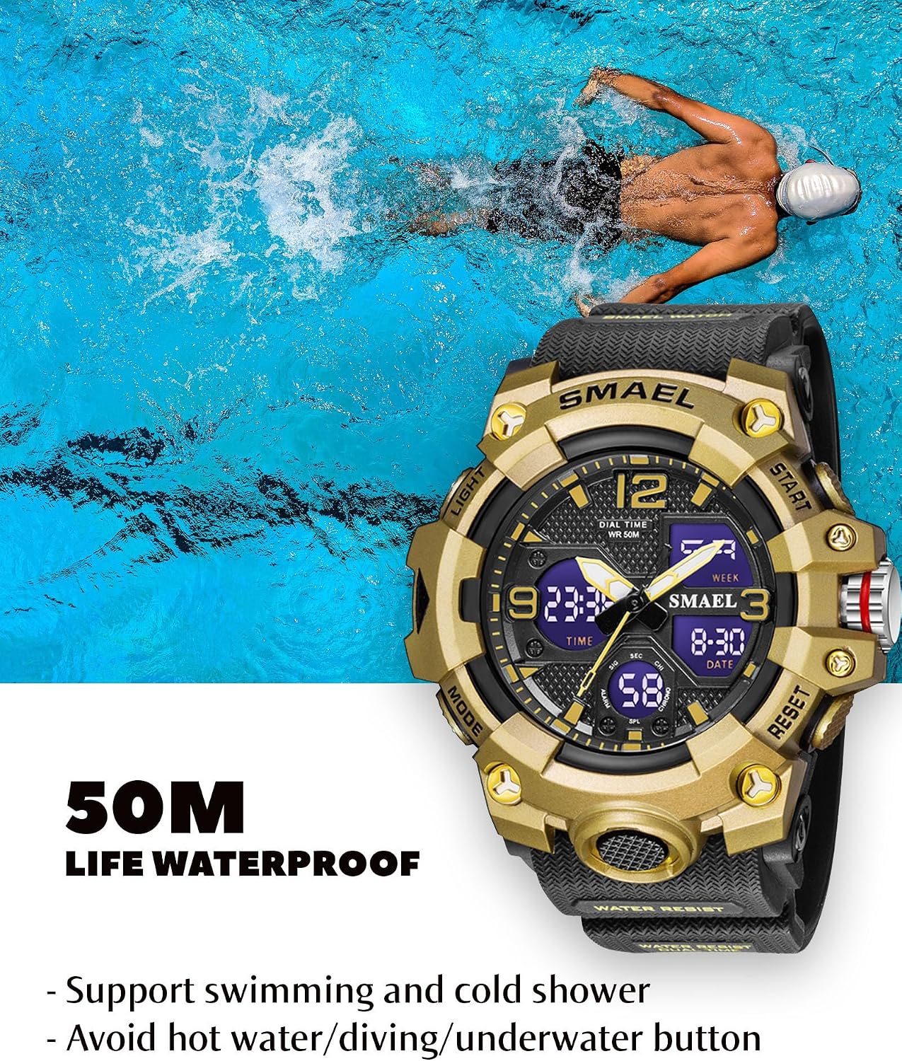 Gosasa Men's Large Face Outdoor Sports Watches Military S-Shock Watch Waterproof, Backlight, Alarm, Stopwatch Features - Rugged Wristwatch for Training, Hiking, and Adventure