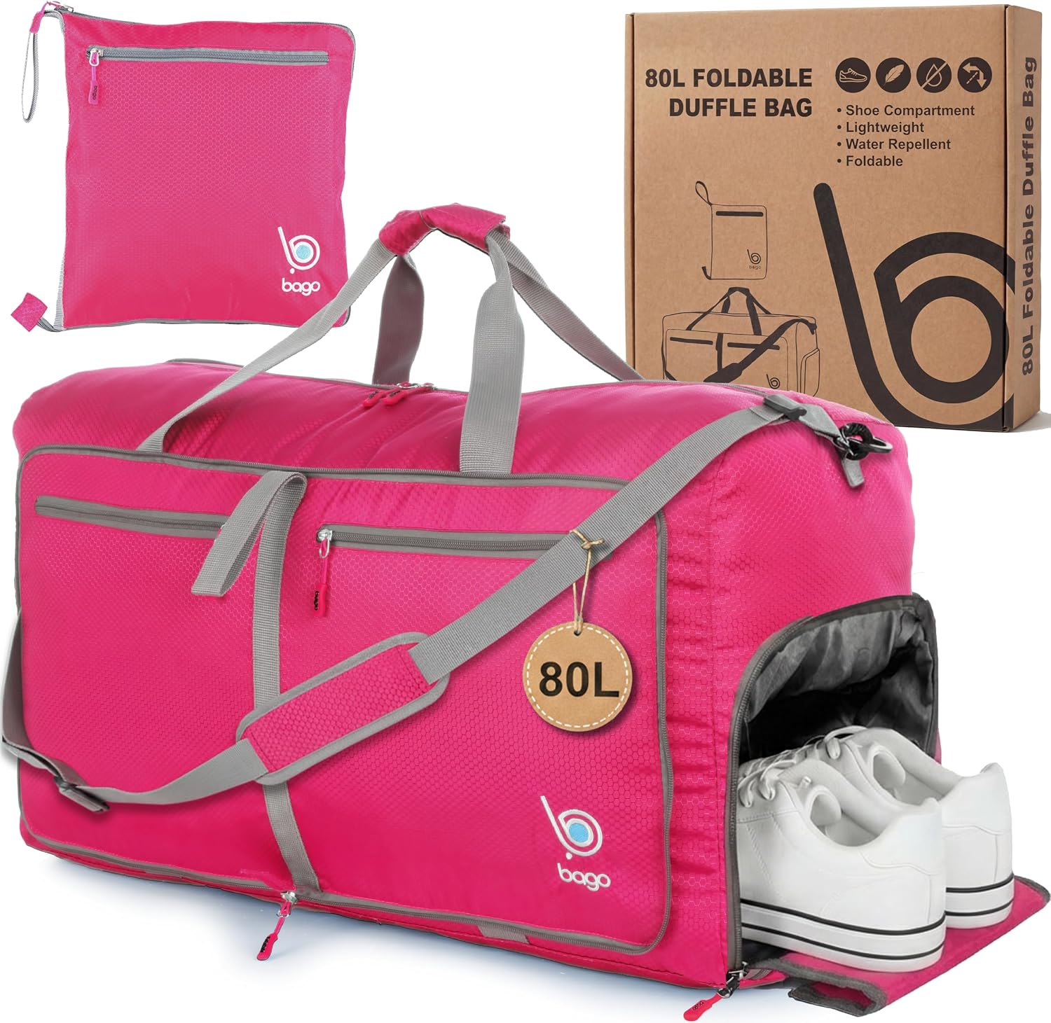 Bago Large Duffle Bag for Travel Women & Men. Durable Lightweight Foldable Travel Duffel Bags For Traveling Women. 80L Duffle Bags For Overnight Bag With Shoe Compartment Collapsible Weekender duffel