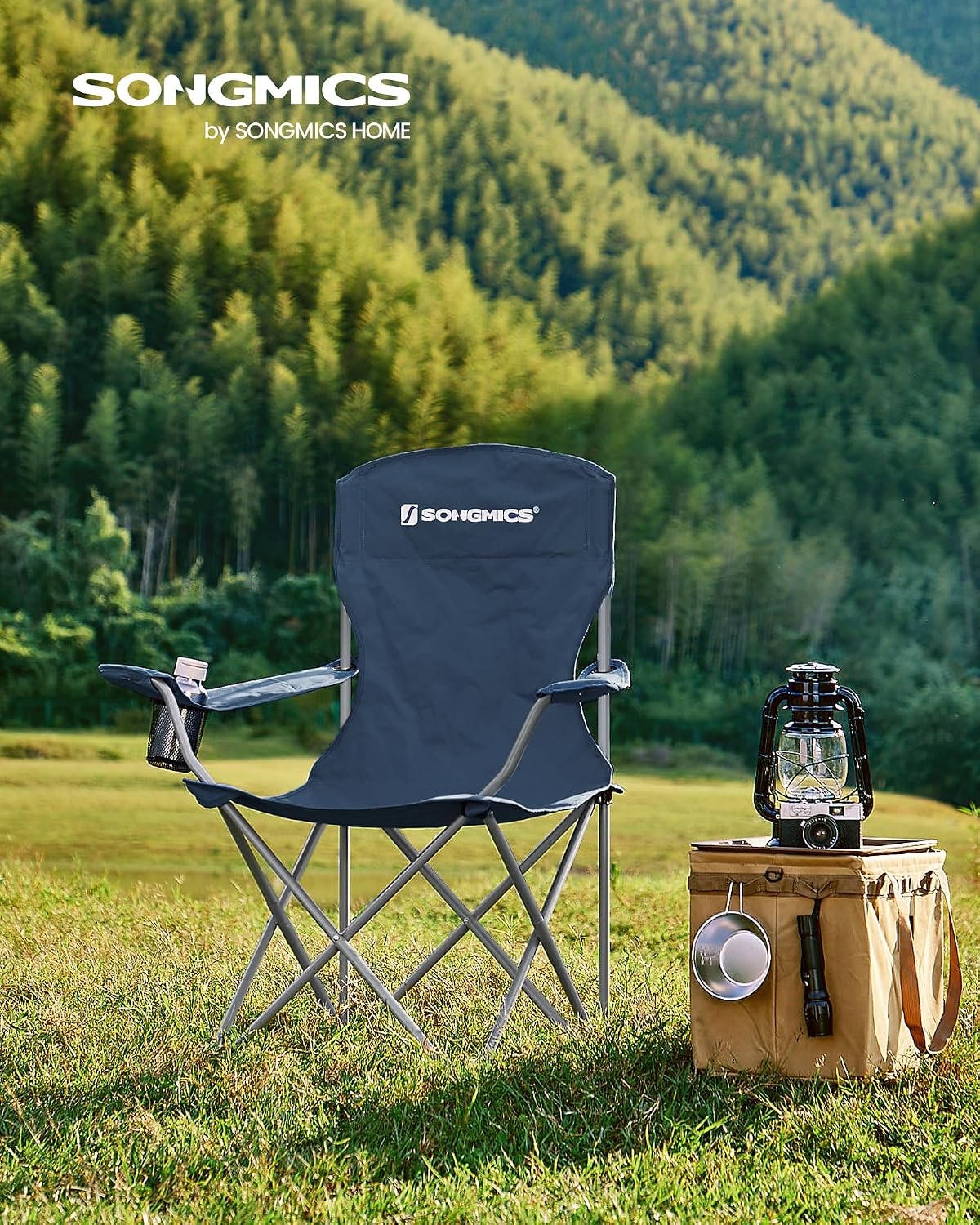 SONGMICS Folding Camping Chair, 450 lb Capacity | Folding lawn chair with cup holder and heavy-duty design, Ink Black, UGCB066B01