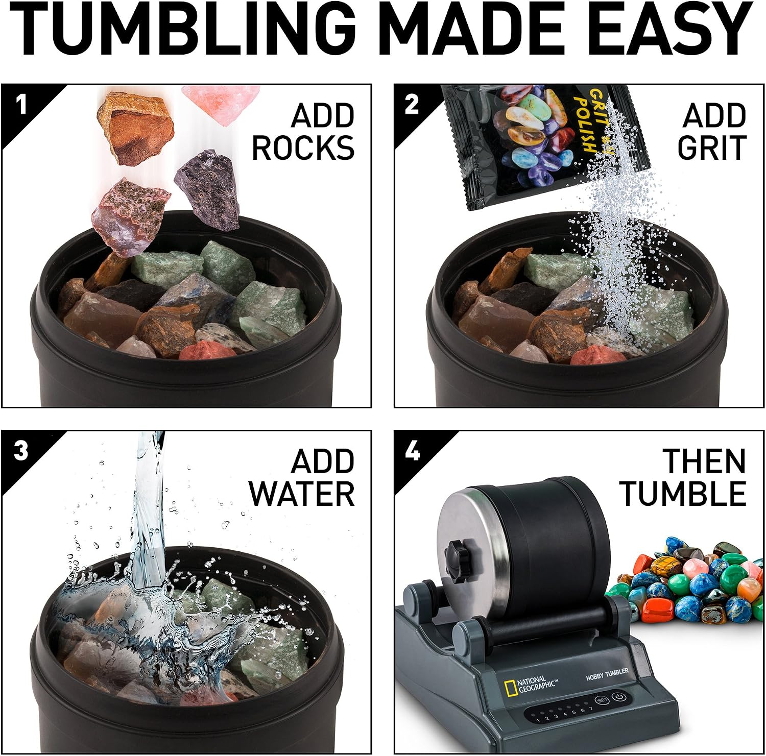 National Geographic Hobby Rock Tumbler Kit for Kids and Adults Ages 8+ | Rough Gemstones, 4 Polishing Grits, Rock Polisher, Geology Science Kit, Rock Tumbling for Kids and Adults, Birthday Gift