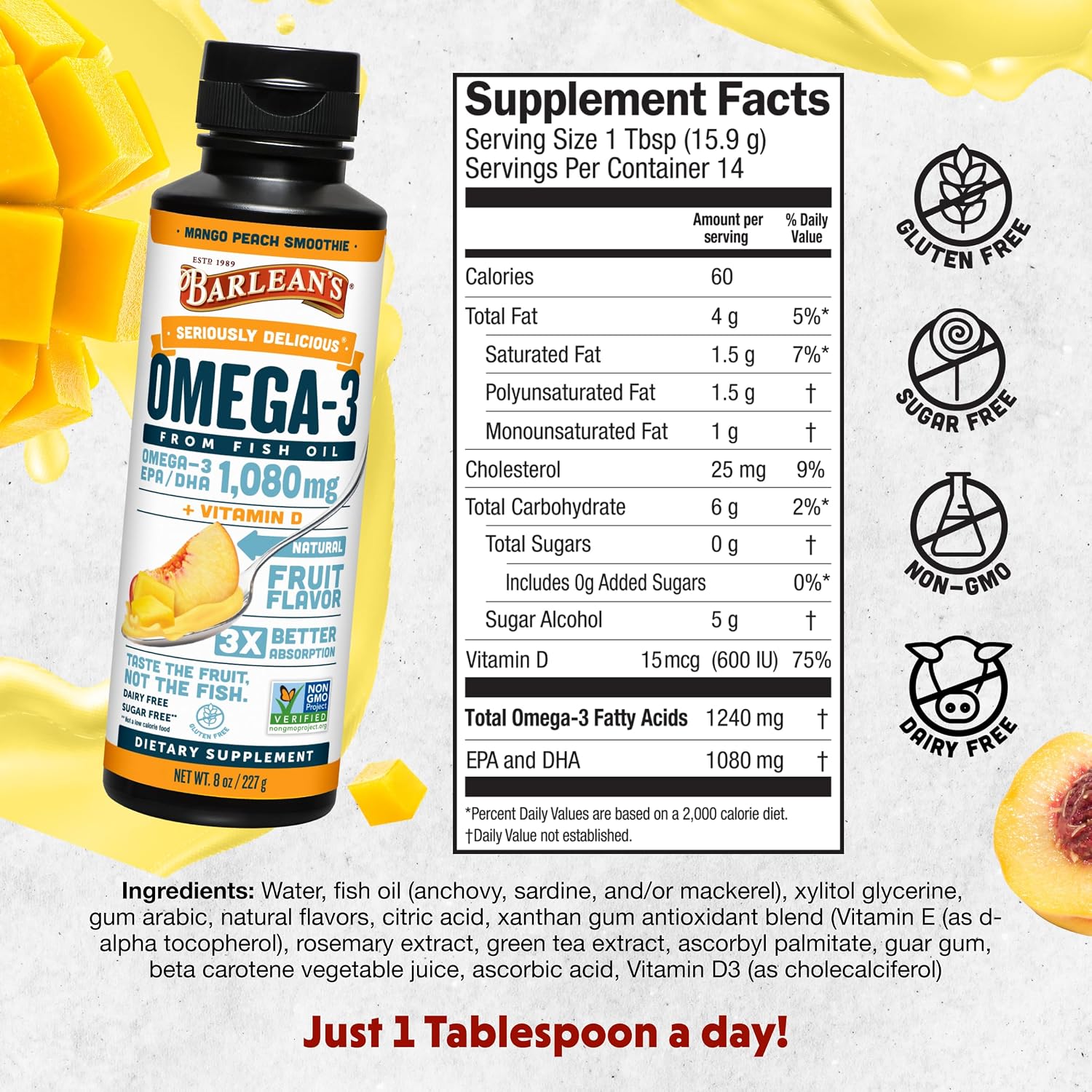 Barlean's Mango Peach Omega-3 Fish Oil, Vitamin D, 1080mg EPA & DHA, 8oz | Wild-caught fish oil plus vitamin D, EPA DHA omega-3, Burpless, Non-GMO, Gluten-free, Heart, brain, bone & immune