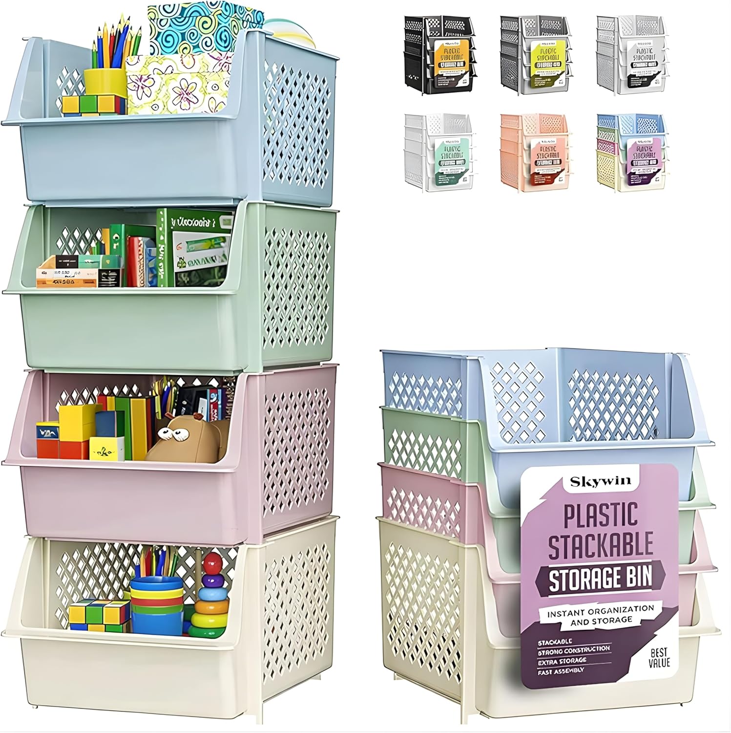 Skywin Stackable Storage Bins Open Front for Pantry Storage, 4 Pack - Black