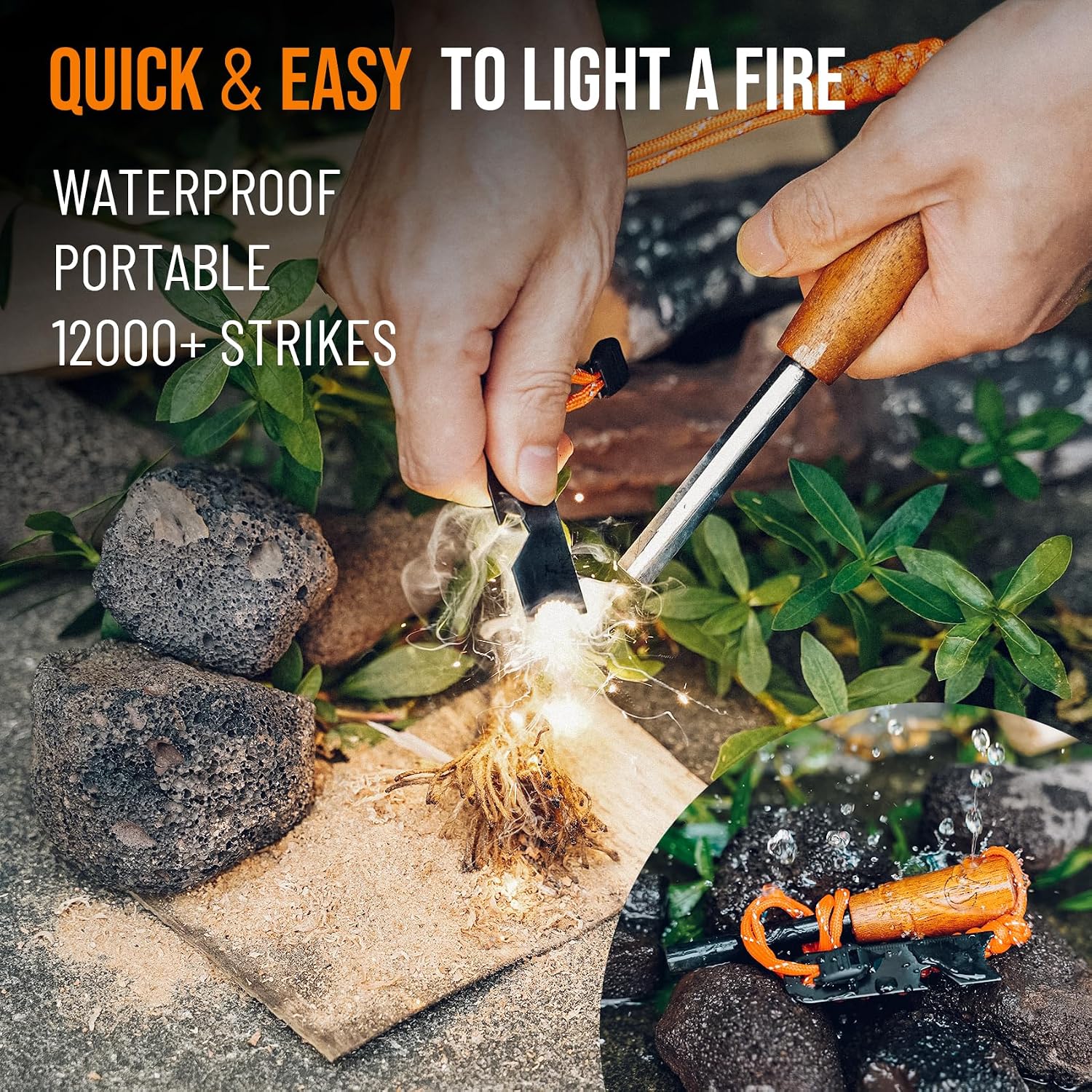 onlyfire Fire Starter Survival Tool, Ferro Rod Kit with Tinder Wick, Pouch, Waterproof Flint and Steel Fire Starter for Camping