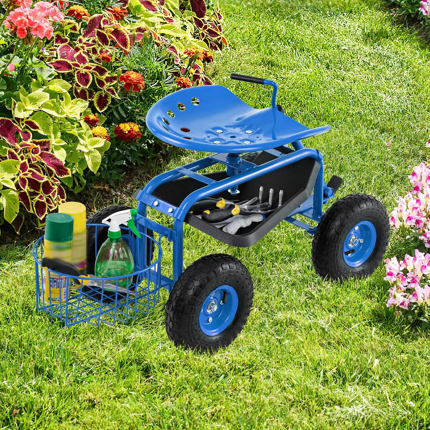 Goplus Rolling Garden Cart with Seat, Outdoor Garden Stool with Wheels, Tool Tray & Basket, Adjustable Steering Handle