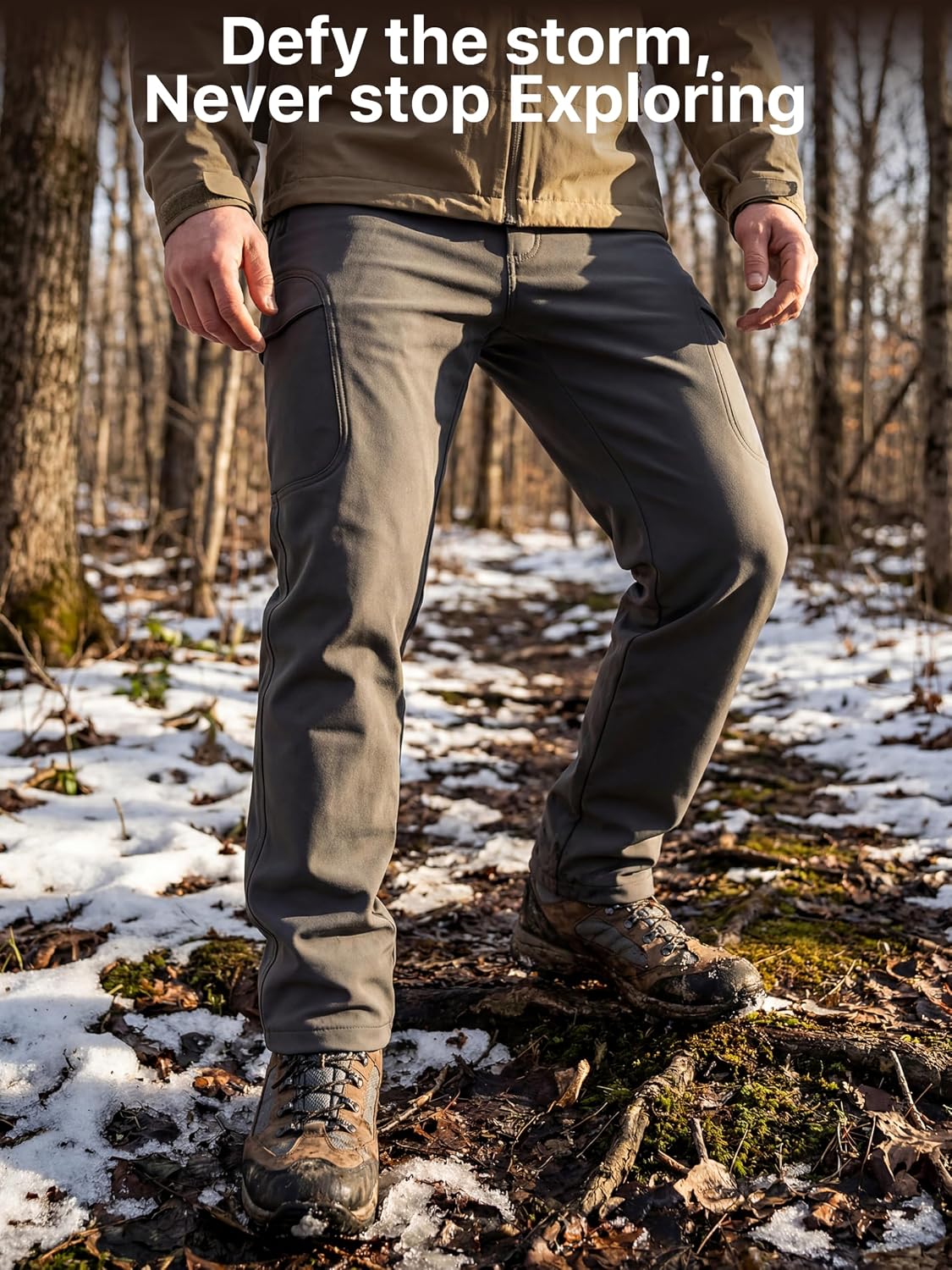 FREE SOLDIER Men's Outdoor Softshell Fleece Lined Cargo Pants | Snow Ski Hiking Pants with Belt, Waterproof Winter Pants, Insulated Work Pants, Breathable Windproof Insulated Pants