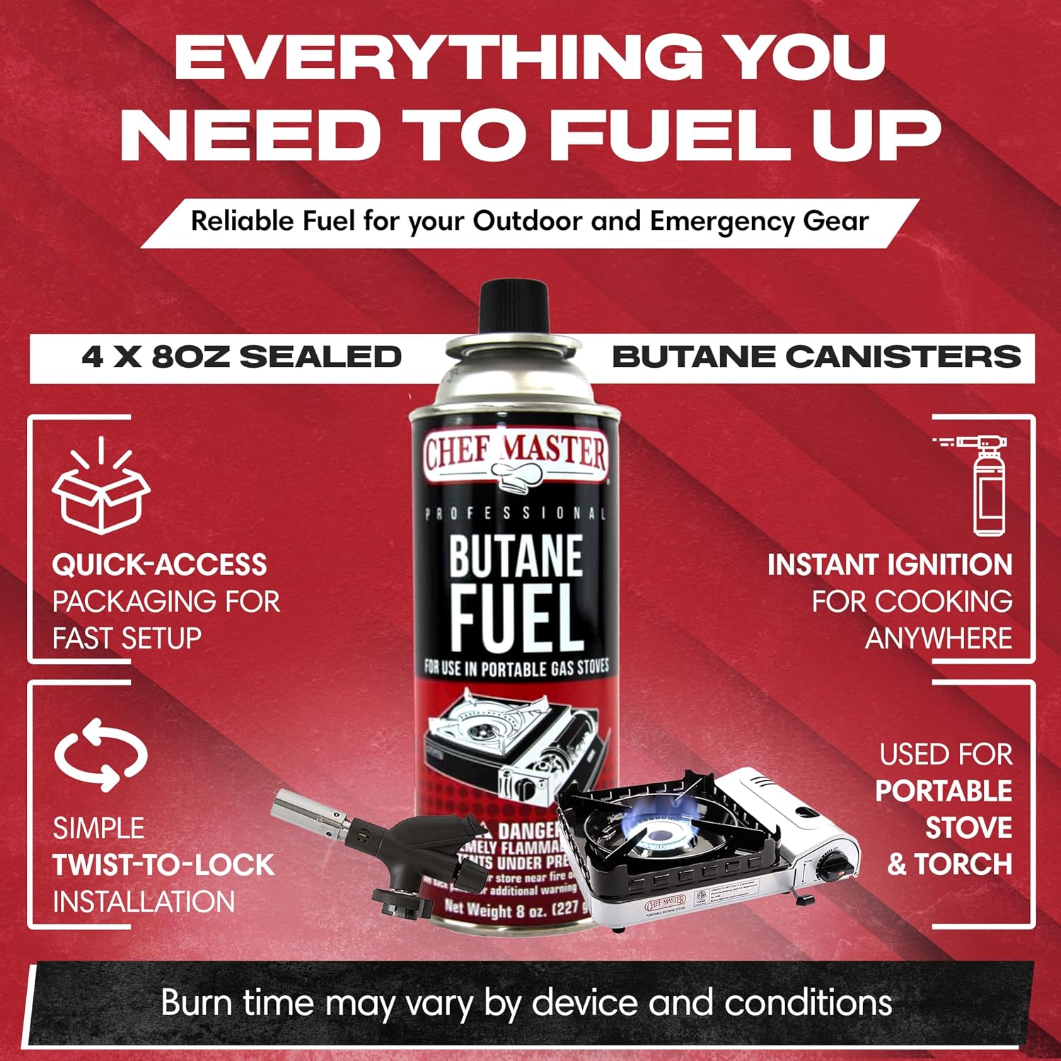Chef Master Butane Fuel Canister, Camp Stove & Torch Refill, 8 oz, 12-Pack