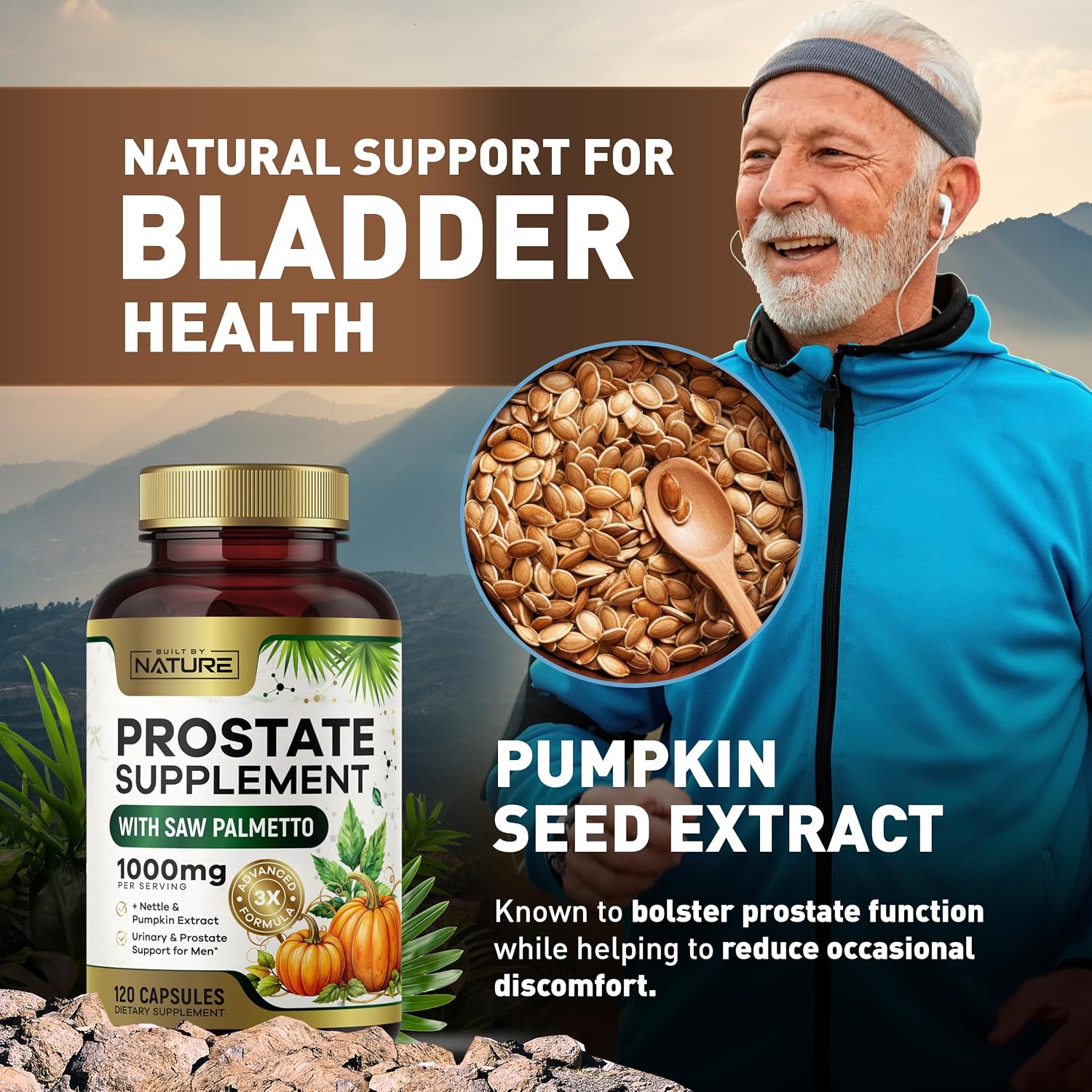 Built by Nature Prostate Supplement for Men, 120 Capsules Saw Palmetto, Advanced 3X Formula, Stinging Nettle and Pumpkin Seed Extract