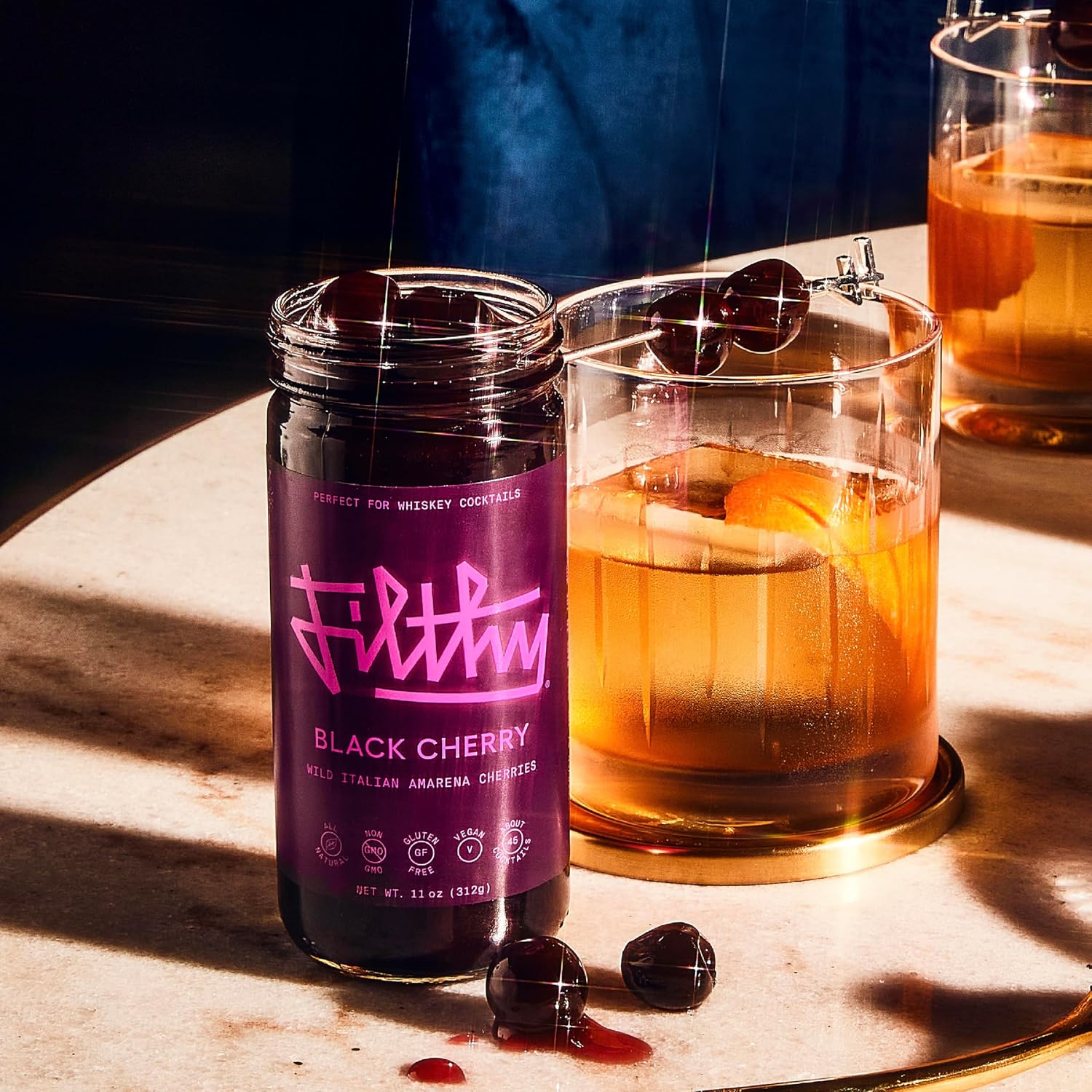 Filthy Amarena Black Cherries, Premium Cocktail Garnish - 45 Oz Tin, 1 Pack | All Natural Ingredients, Wild Italian Amarena Black Cherry for Whiskey Cocktails - Non-GMO, Gluten Free, Vegan