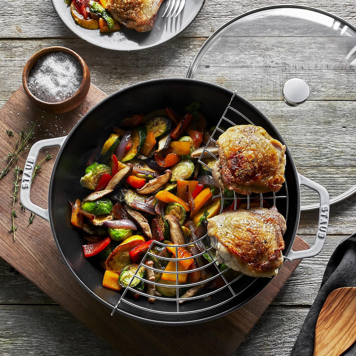 Staub Cast Iron Perfect Pan, Wok, Dutch Oven, 4.5-quart, serves 4-5, Made in France, Dark Blue