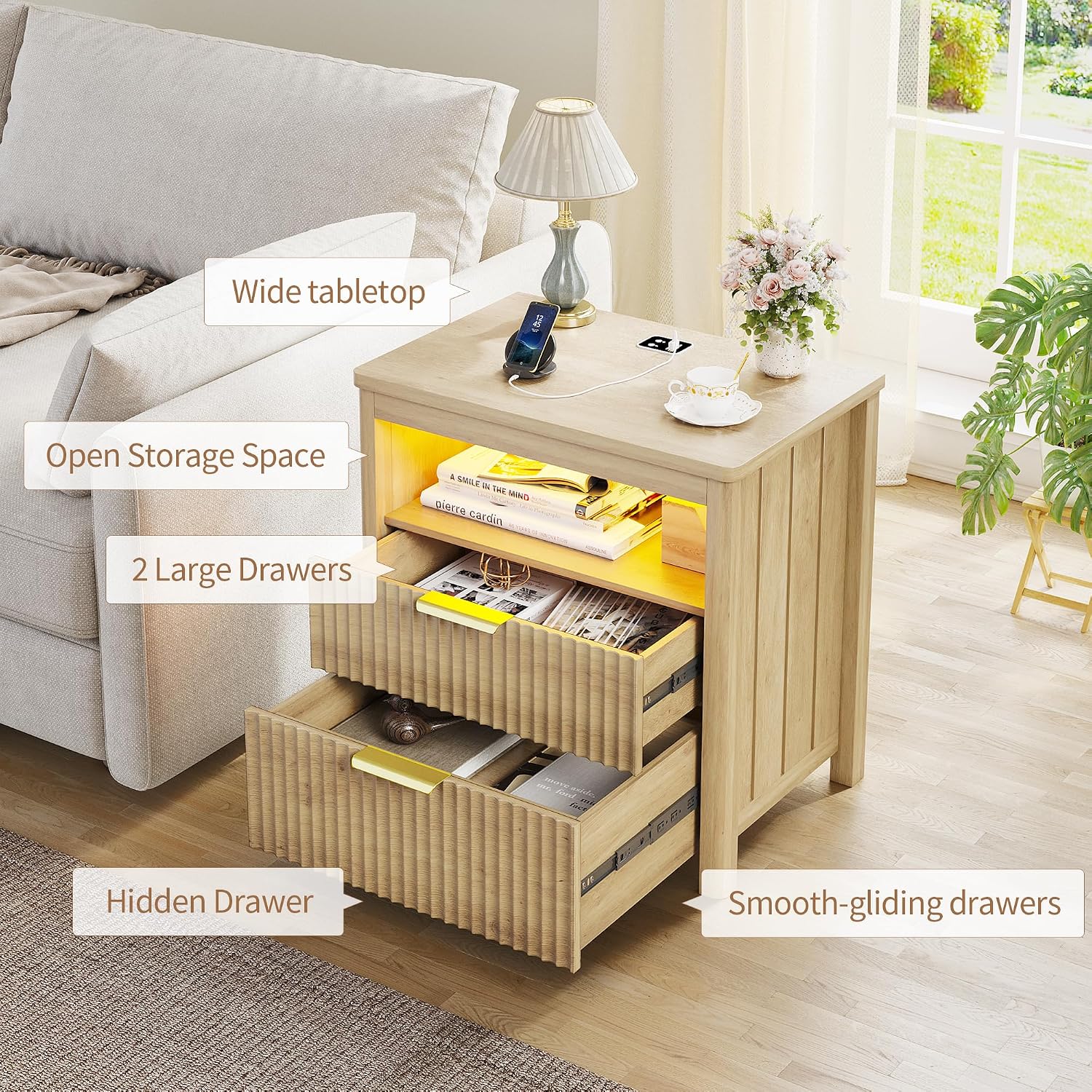 Farmhouse Nightstand with Lockable Hidden Drawer, Human Sensor LED Bedside Table with LED Lights & Charging Station, Rustic Wood Sofa Side End Table with 3 Drawers for Bedroom (Black)