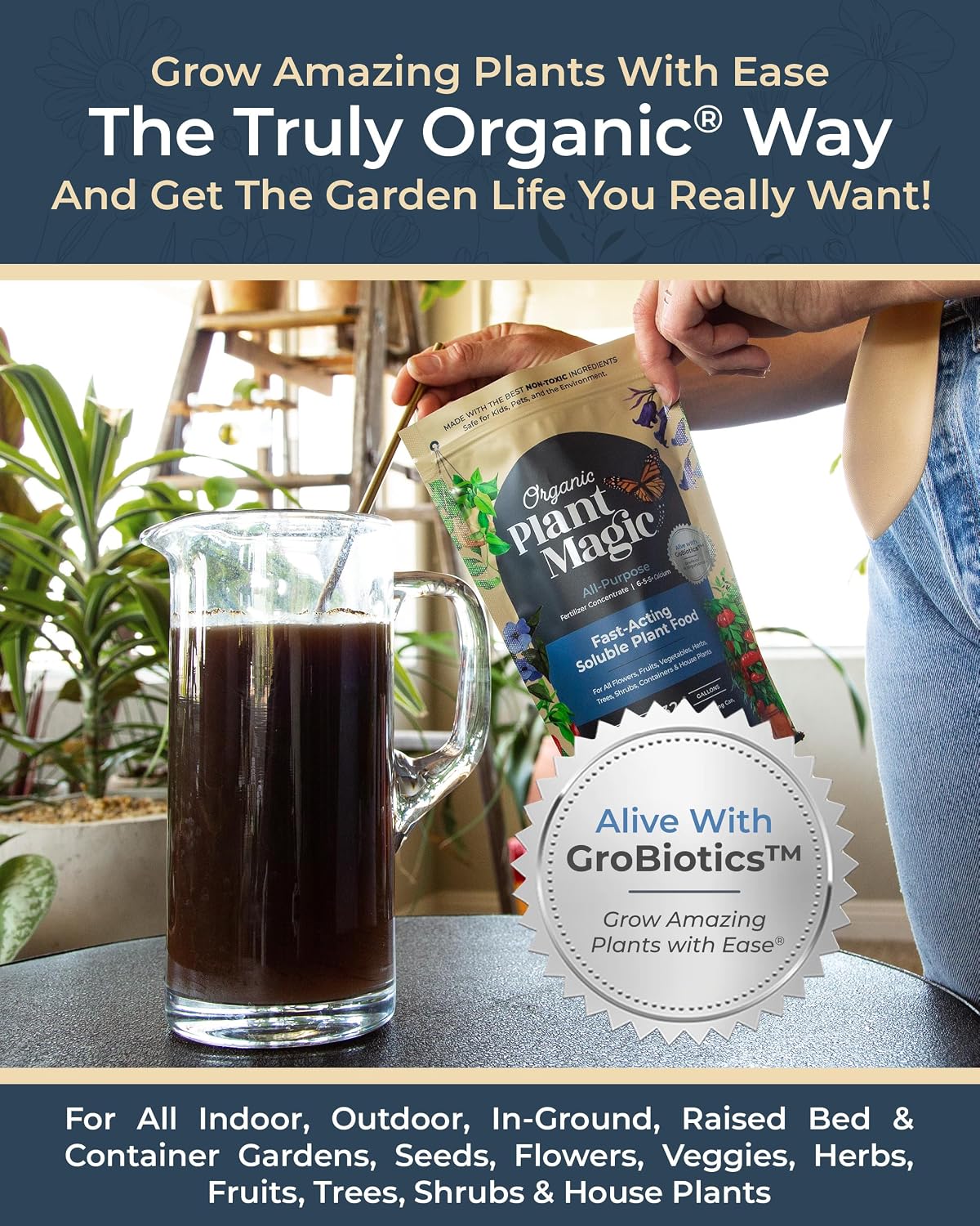 Organic Plant Magic Fertilizer & Plant Food for House Plants & Garden 1/2lb | Makes 32+ Gal of Organic Water Soluble Fertilizer for Plant Growth use on Vegetables, Flowers, Gardens & Indoor House Plants
