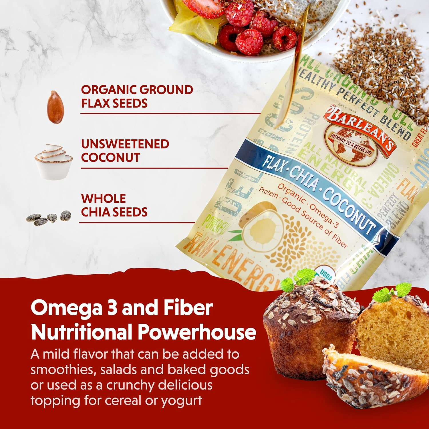 Barlean's Forti-Flax Organic Ground Flaxseed, Omega-3 Fiber, 16oz, 2-Pack | Ground whole raw flax seeds, Lignans, ALA omega-3, Fiber, Non-GMO, Vegan, For smoothies, baking, oatmeal & yogurt