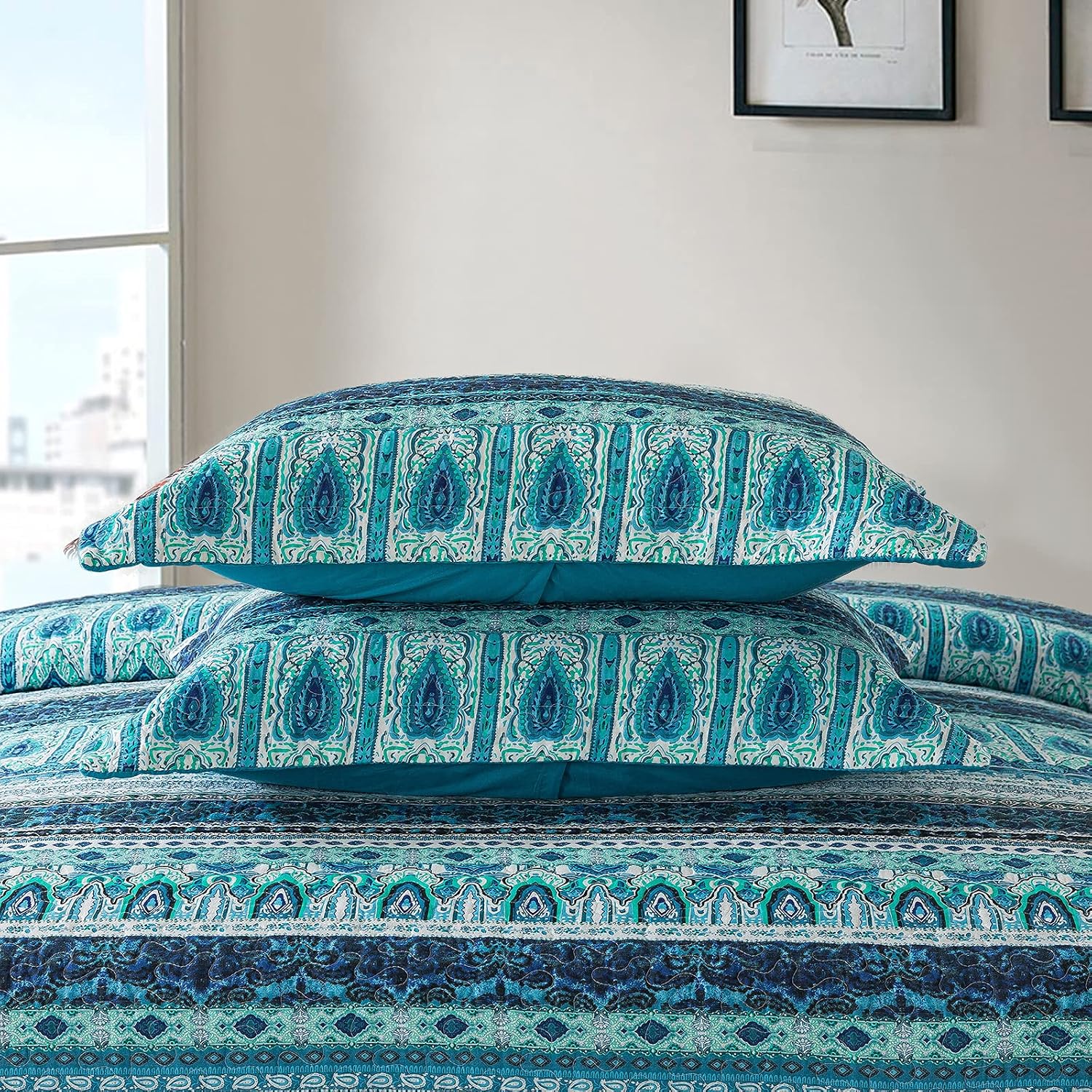 Striped Jacquard Style Cotton 3-Piece Patchwork Bedspread Quilt Sets, Queen Size
