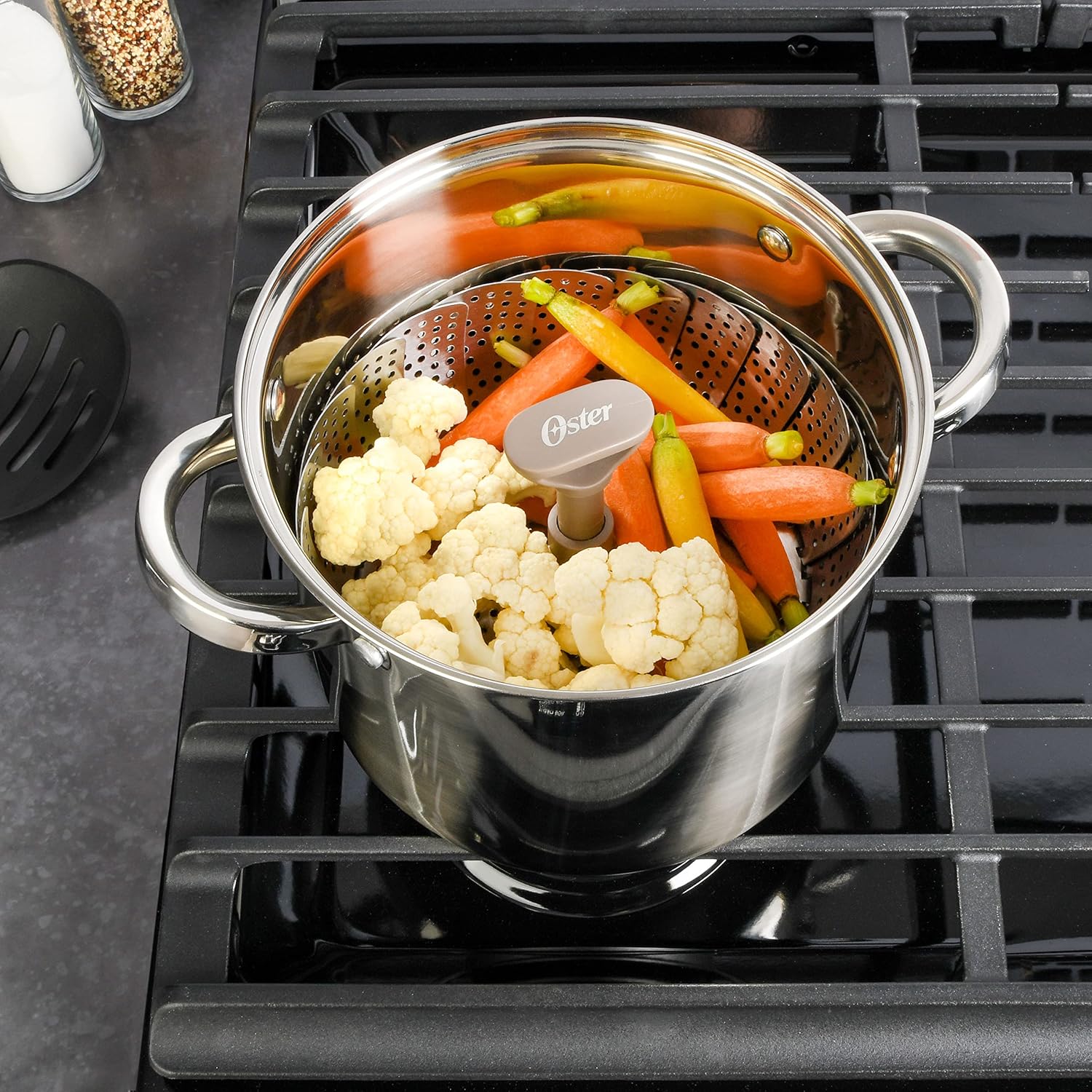 Oster Dutch Oven with Steamer Basket 3-Quart - Sangerfield Stainless Steel, Stovetop Steamer for Vegetables, Rice & Tamales, Dishwasher Safe
