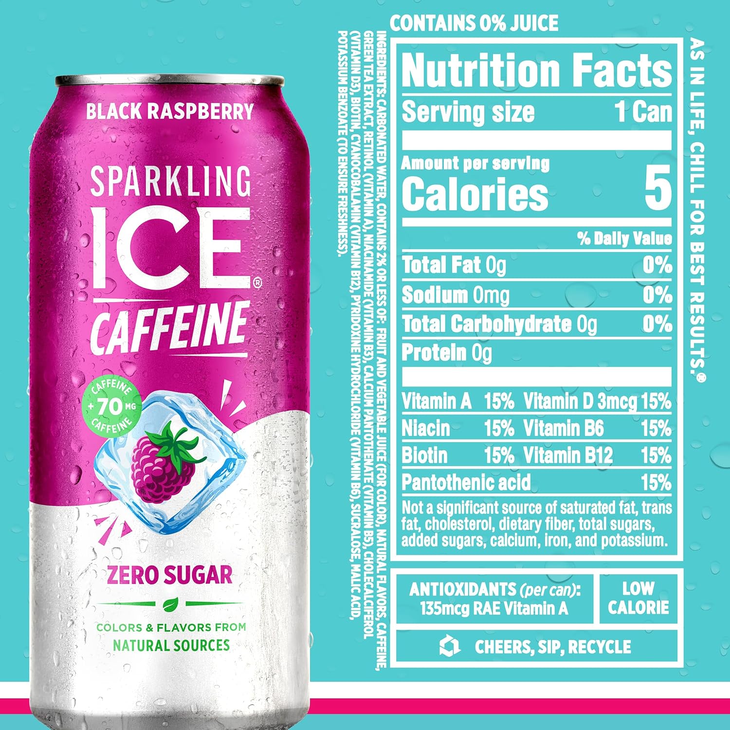 Sparkling Ice Caffeine Black Raspberry Sparkling Water with Caffeine, Zero Sugar, with Antioxidants and Vitamins,16 fl oz Cans (Pack Of 12)