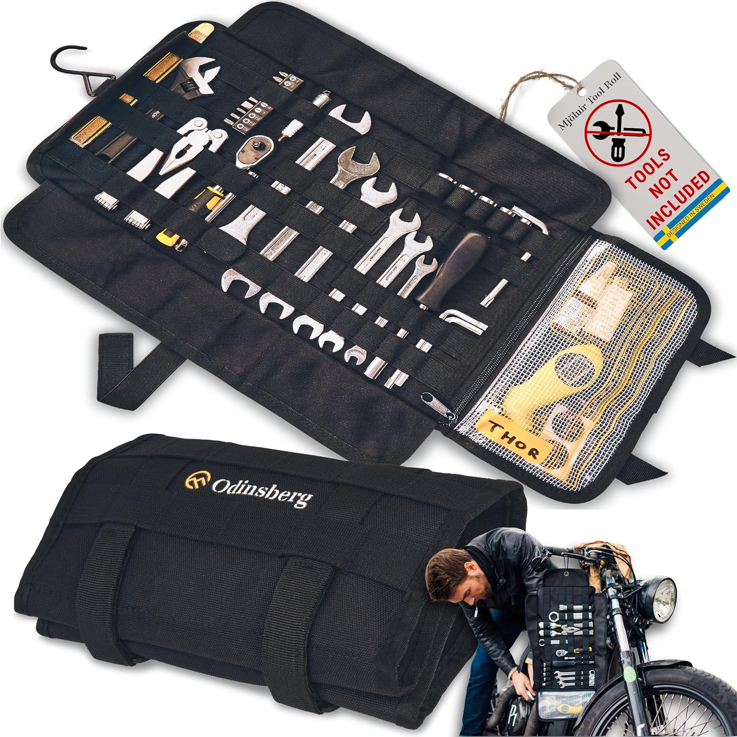 ODINSBERG Motorcycle Tool Roll Bag Tools NOT Included - Small Tool Bag Wrench Roll Up Tool Bag Organizer Pouch Wrap Motorcycle Tool Kit Box For