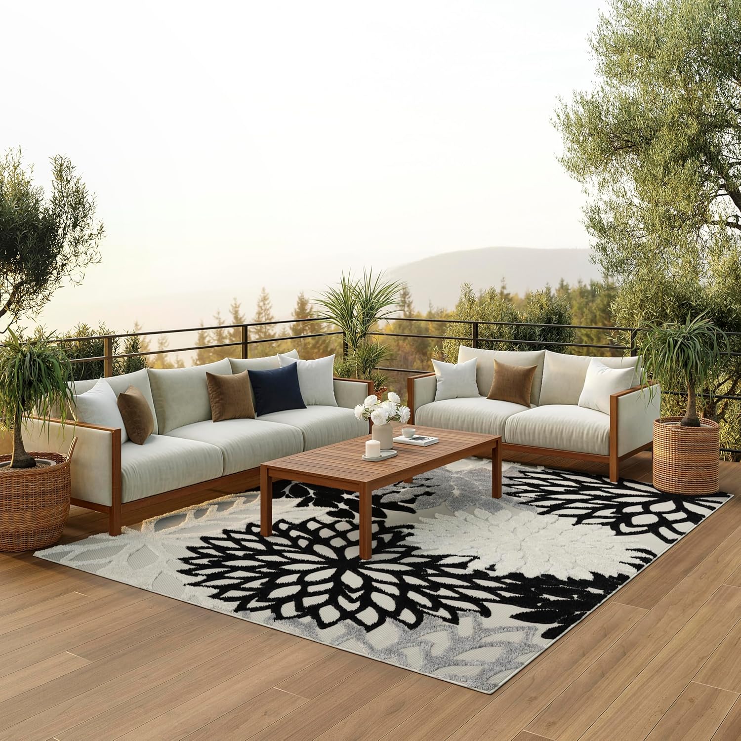 Nourison Home Aloha Indoor/Outdoor Black White 2'8" x 4' Area Rug, Tropical, Botanical, Easy Cleaning, Non Shedding, Bed Room, Living Room