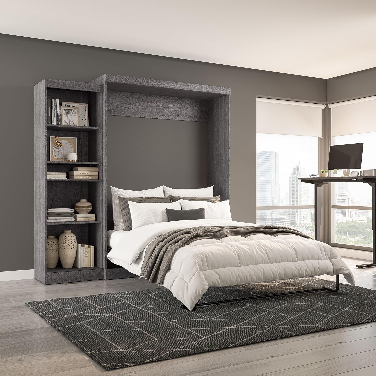 Bestar Pur Queen Murphy Bed, 65-inch Space-Saving Sleeping Arrangement for Multipurpose Area, Bedroom, Guest Room, or Living Room | Dual piston mechanism; for guest room or multipurpose space; Shaker-inspired trim with metal handles