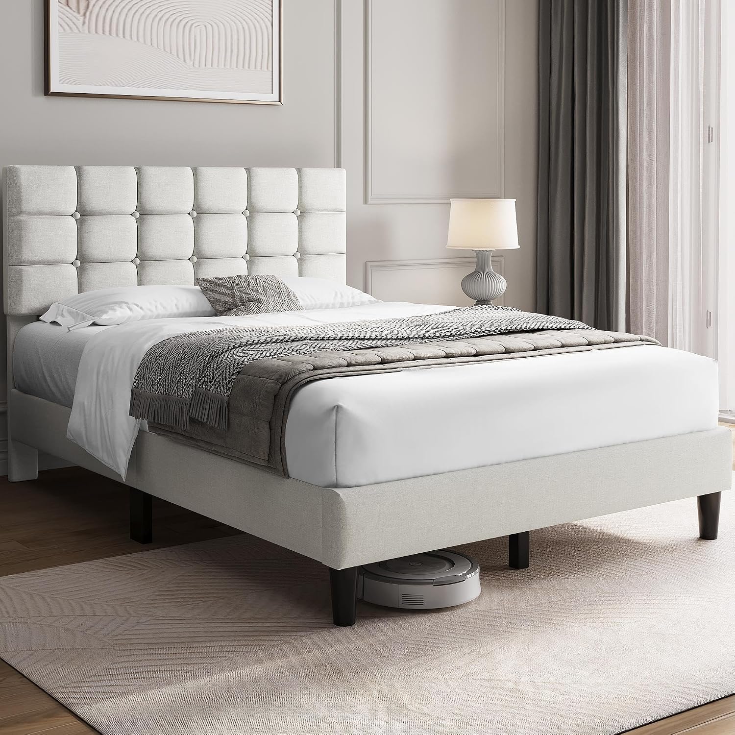 Yaheetech Full Size Upholstered Tufted Bed Frame with Headboard, Dark Gray | Sturdy engineered wood frame with linen fabric upholstery features a soft tufted headboard for easy assembly and support