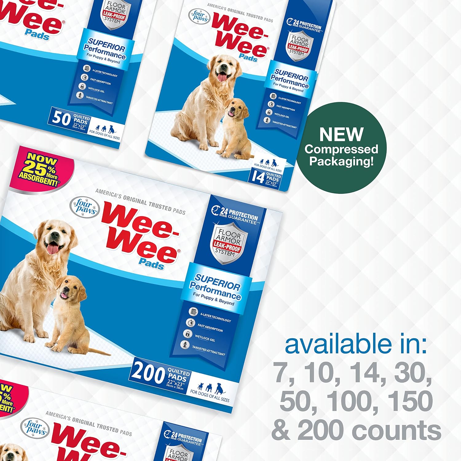 Four Paws Wee-Wee Superior Performance Dog Pee Pads, 100 Count | Quilted leak-proof puppy pads, dog housebreaking & potty training