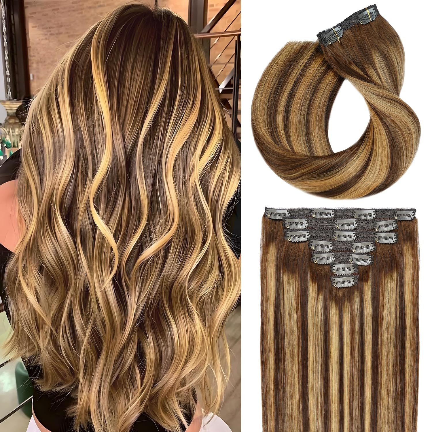 22" Clip in Human Hair Extensions Full Head 200g 10 Pieces 22 Clips Light Brown Double Weft Brazilian Real Remy Hair Extensions Thick Straight (22"