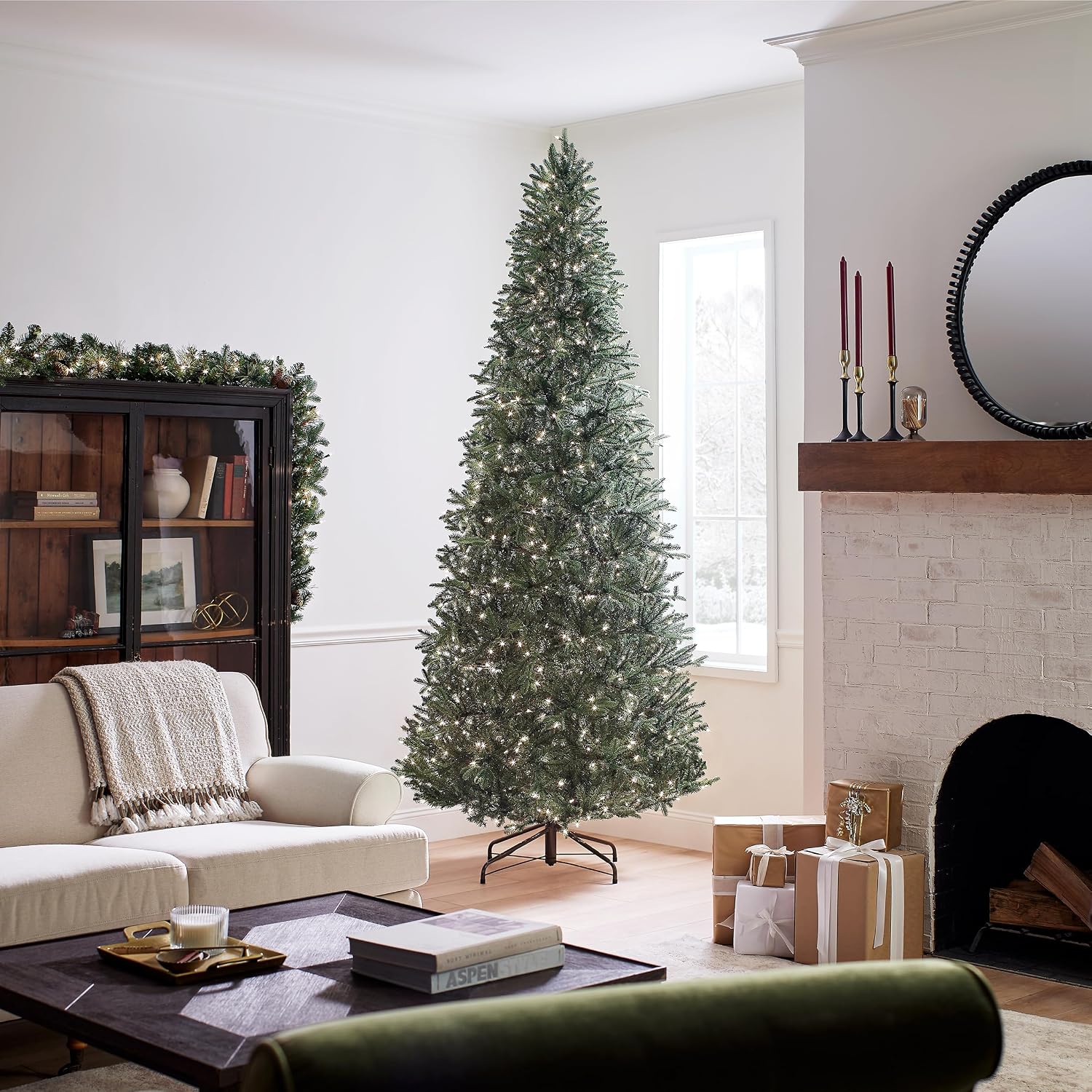 National Tree Company 7.5ft Pre-Lit Tiffany Fir Slim Christmas Tree | 600 Clear Lights, 1,878 Tips, Includes Stand, Artificial, Green