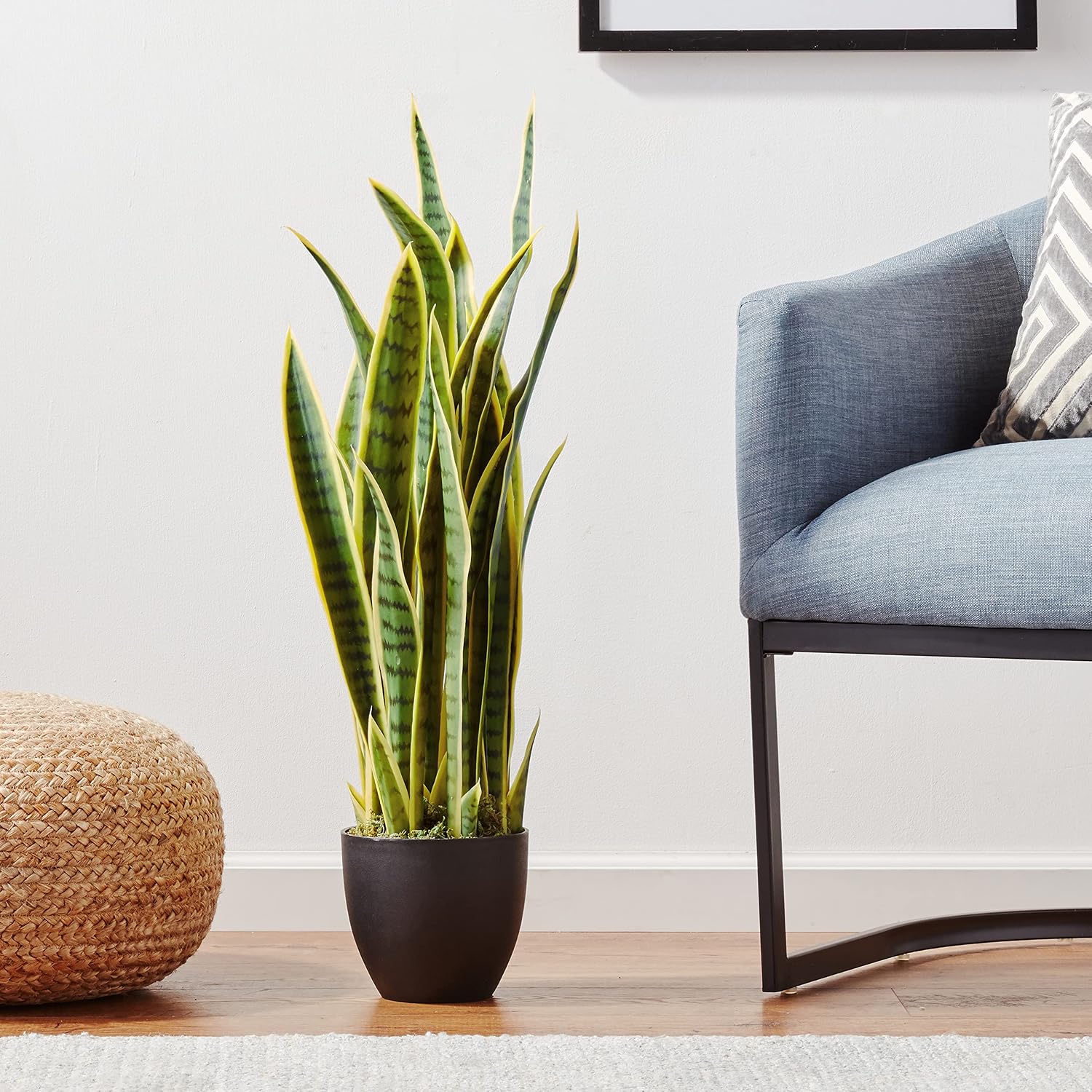 Nearly Natural 33” Sansevieria Artificial Silk Plants Green | 35 Variegated Leaves, Handcrafted Materials, Black Decorative Planter