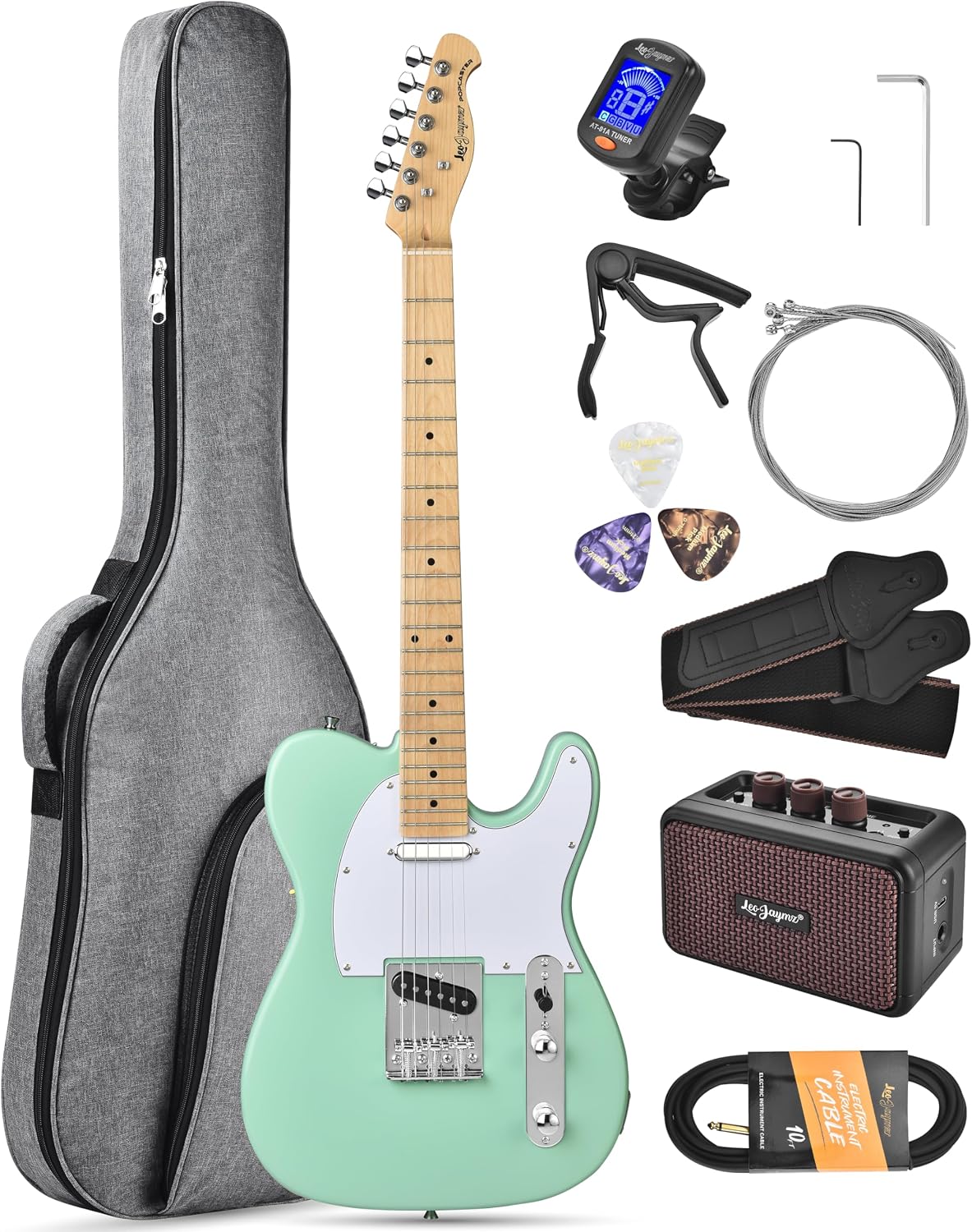 Leo Jaymz Beginner Electric Guitar Complete Kit with Portable Amp, Padded Gig Bag & Full Accessories, Maple Neck (TL-White)