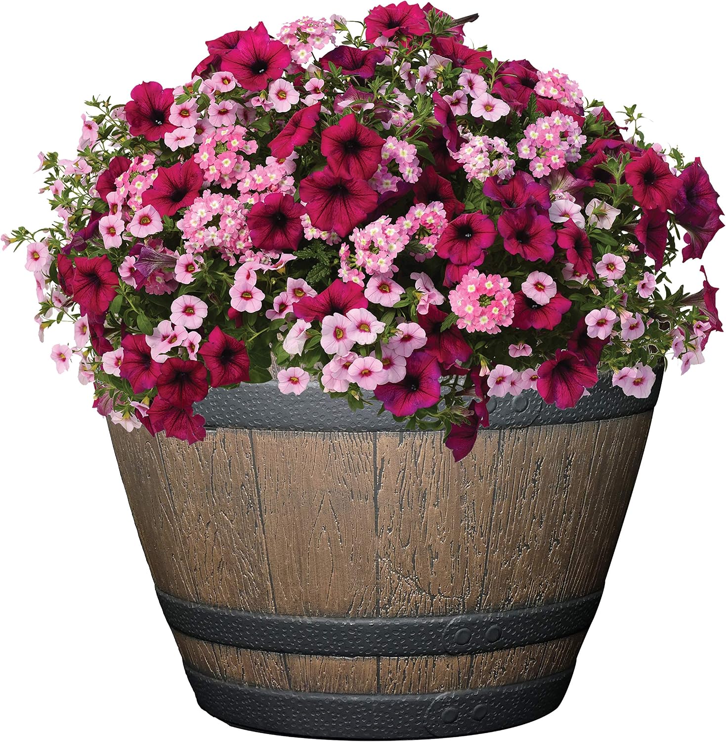 Outdoor Whiskey Resin Flower Pot Barrel Planter, Walnut Brown, 15"