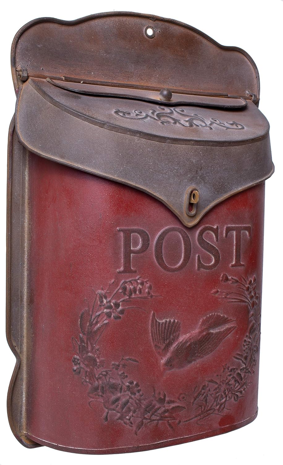 Red Co. 10.5” x 15.5” Shabby Chic Wall-Mounted Post Embossed Aged Metal Mailbox, Rusted Red