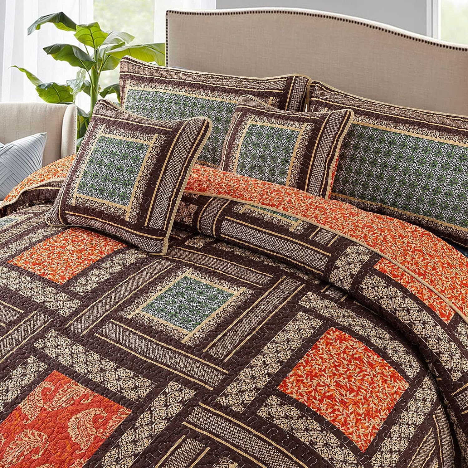 Striped Classical Cotton 3-Piece Patchwork Bedspread Quilt Sets, King Size