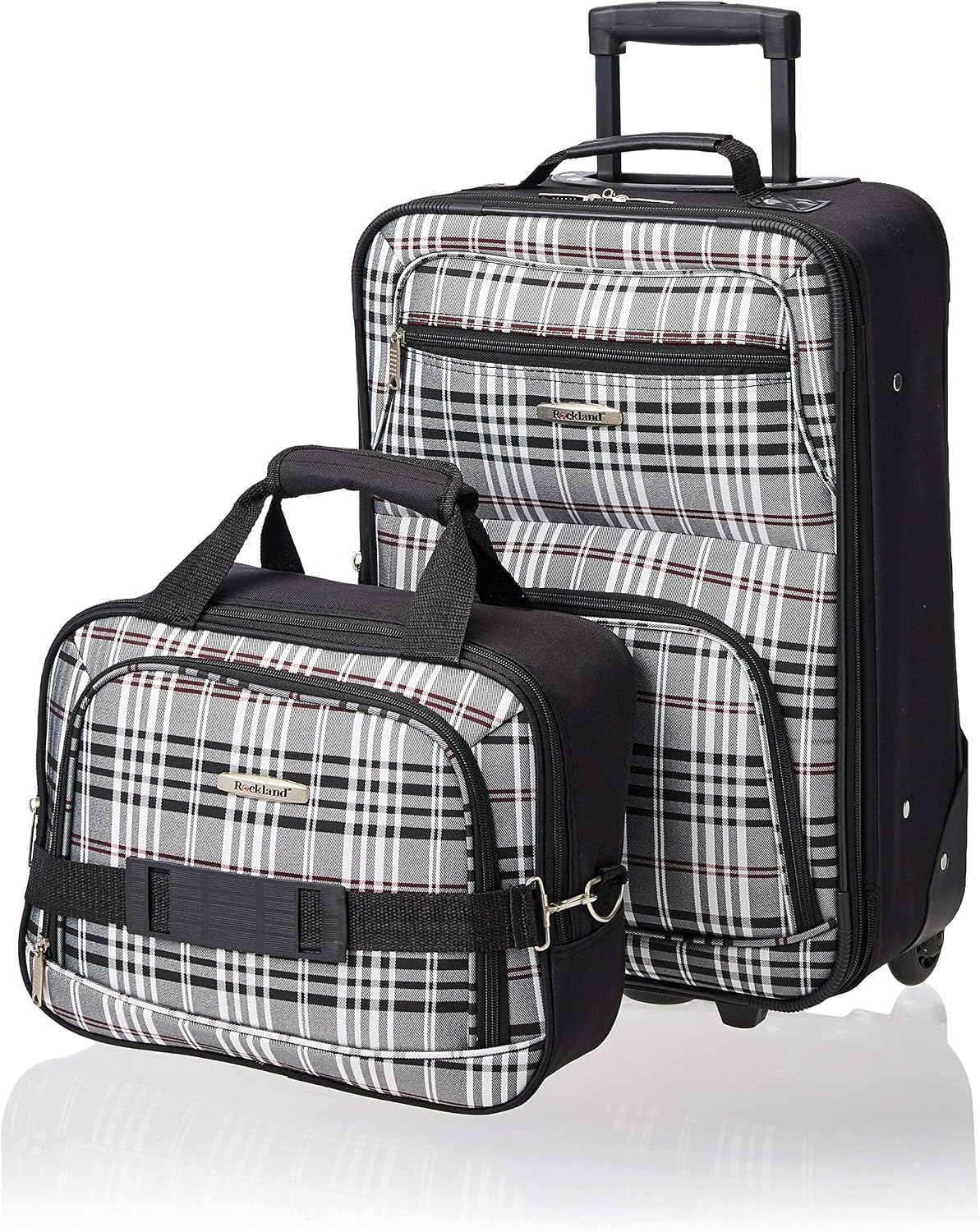 Rockland Fashion Softside Upright Luggage Set,Expandable, Telescopic Handle, Wheel, Black Dot, 2-Piece (14/19)