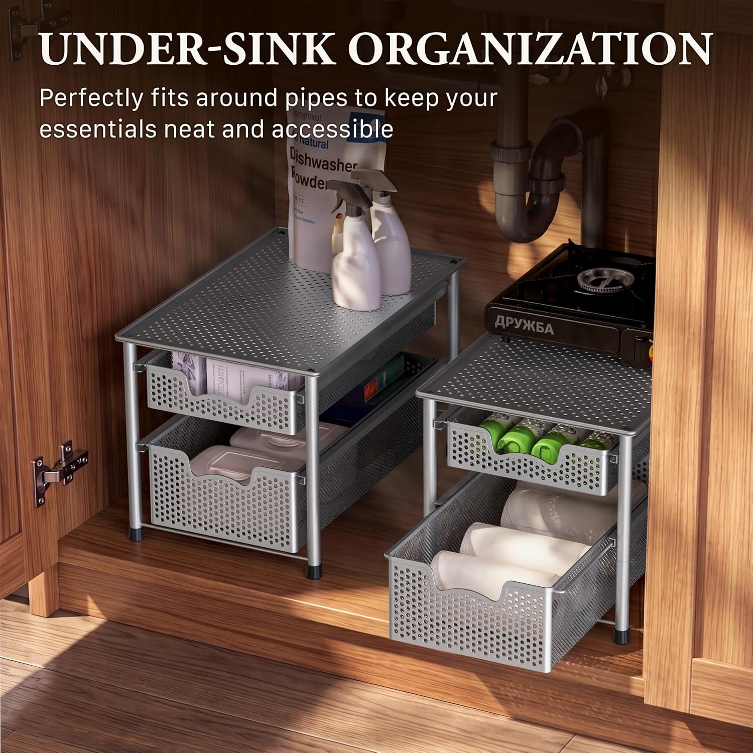 Simple Houseware Stackable 3 Tier Sliding Basket Organizer Drawer, Silver