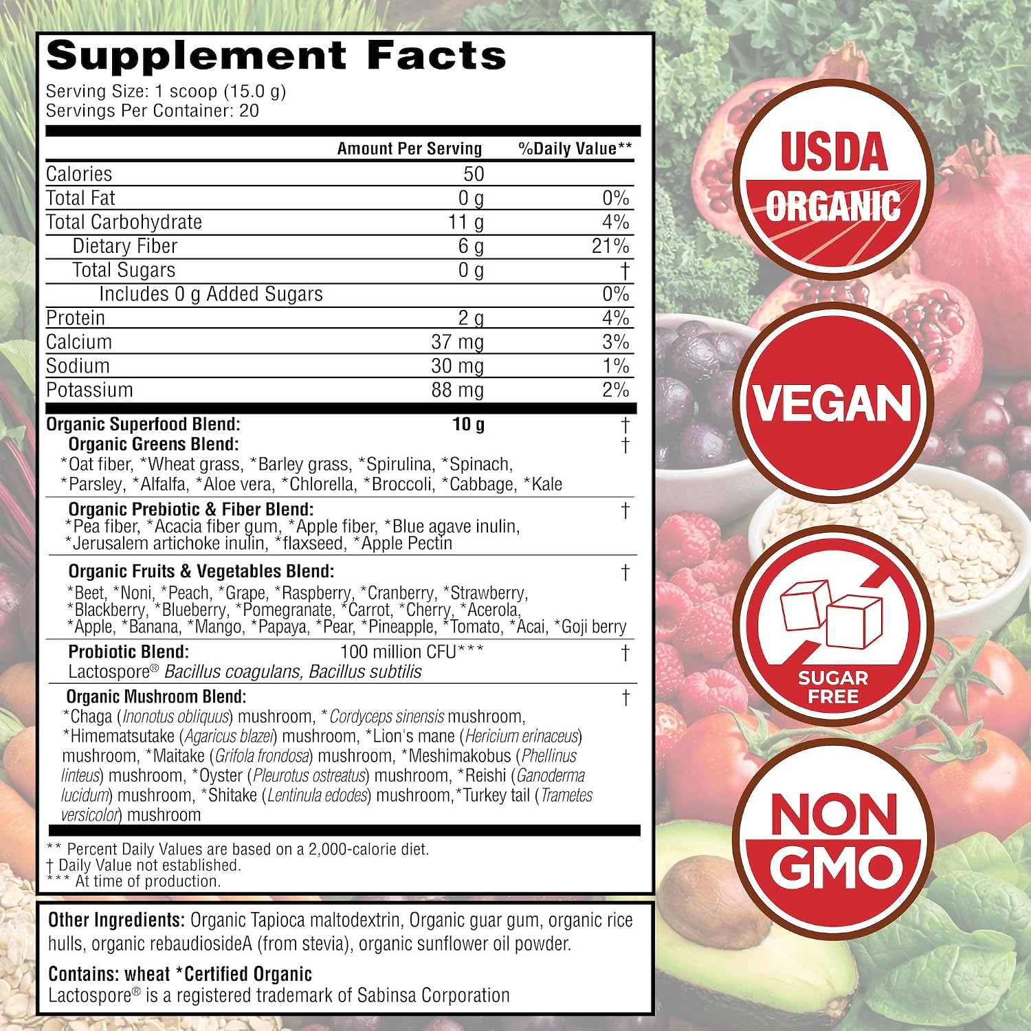 Country Farms Organic Super Greens Powder, Daily Greens Drink Mix with 50 Organic Superfoods, Fruits, Vegetables, Fiber, Mushrooms & Probiotics for Gut Health, Digestion & Energy, Berry Flavor