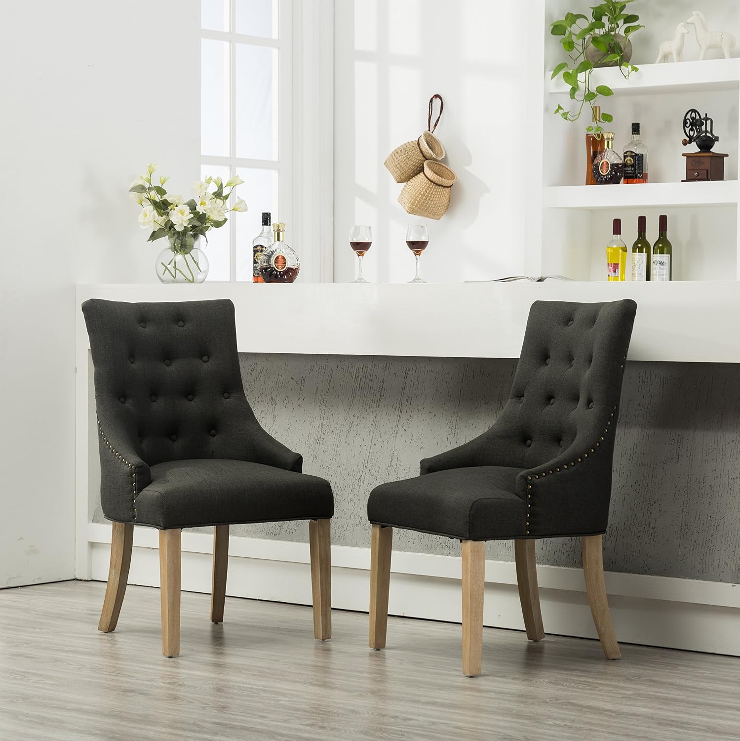 Roundhill Furniture Button Tufted Solid Wood Wingback Hostess Chairs with Nail Heads, Set of 2, Tan, White, "Tan, 24D x 22W x 39H in
